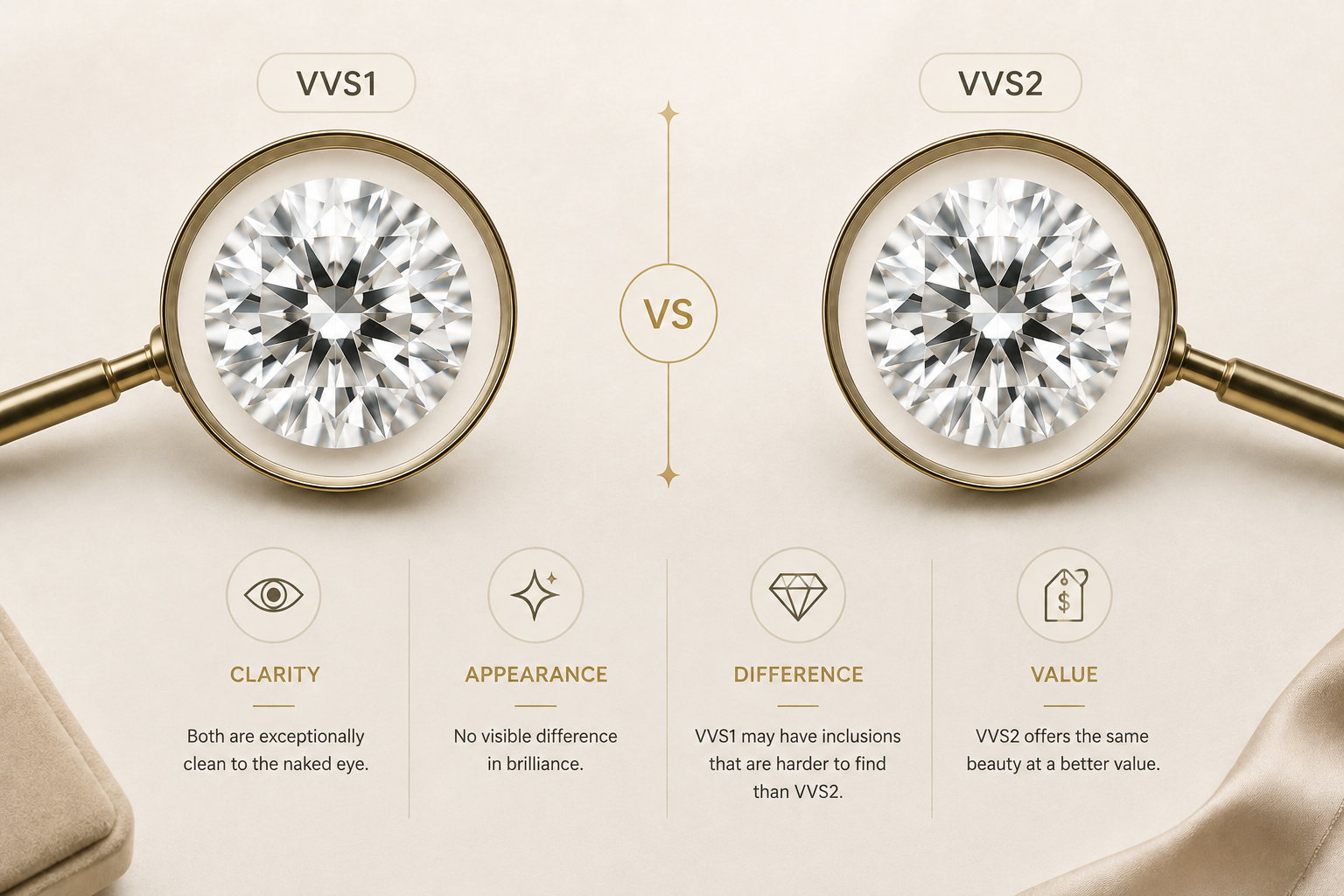 Two round brilliant diamonds held by tweezers on a soft beige background, highlighting clarity comparison