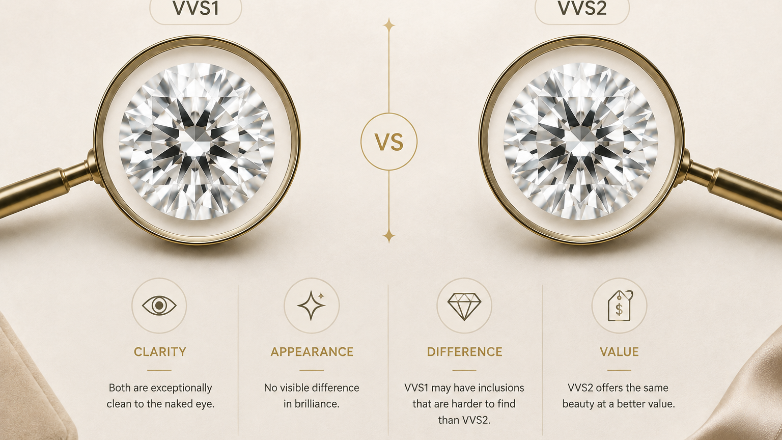 Two round brilliant diamonds held by tweezers on a soft beige background, highlighting clarity comparison
