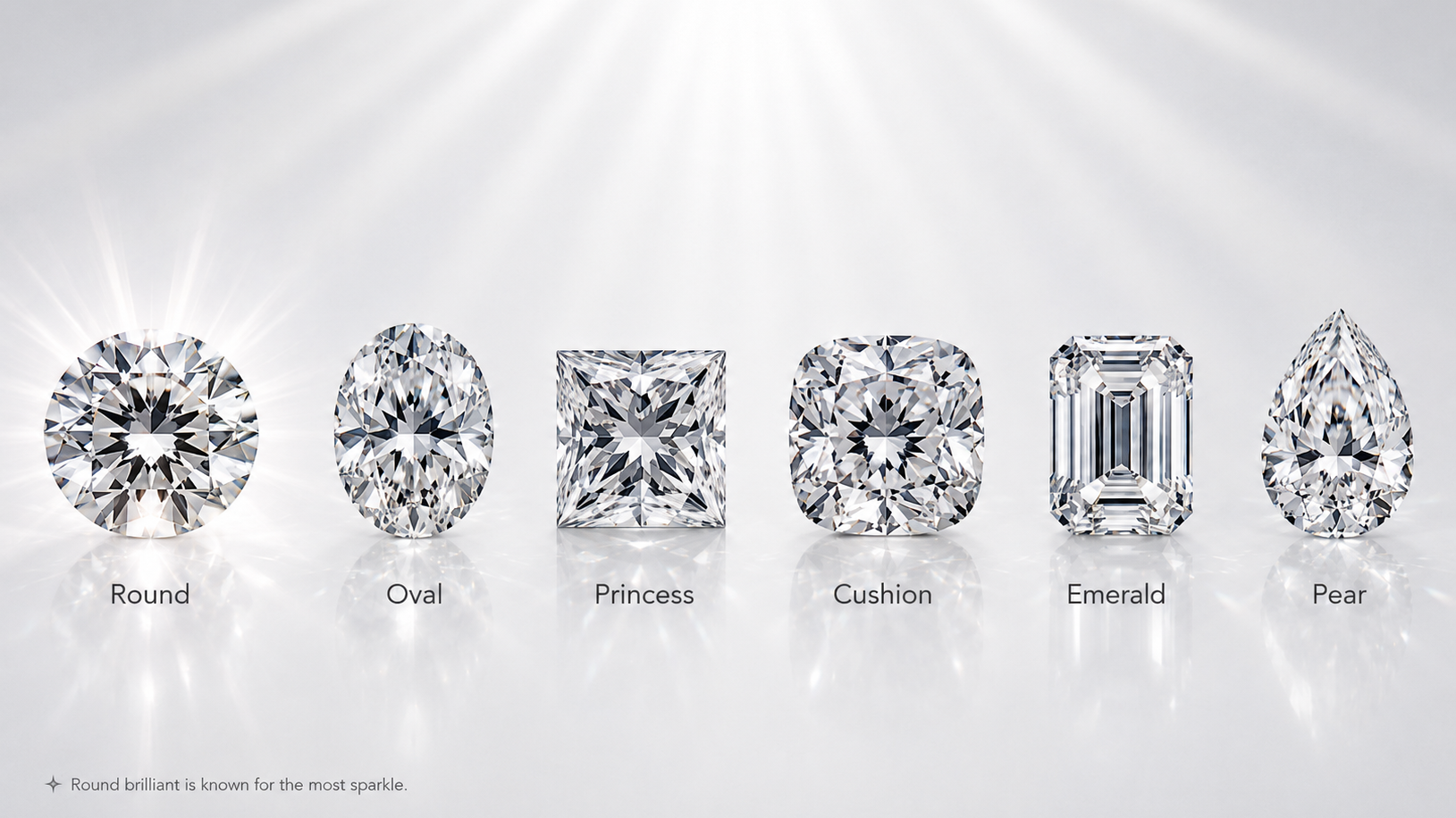 "Comparison of six diamond cuts—Round, Oval, Princess, Cushion, Emerald, Pear—on a glossy reflective surface with soft light, highlighting round brilliant for maximum sparkle
