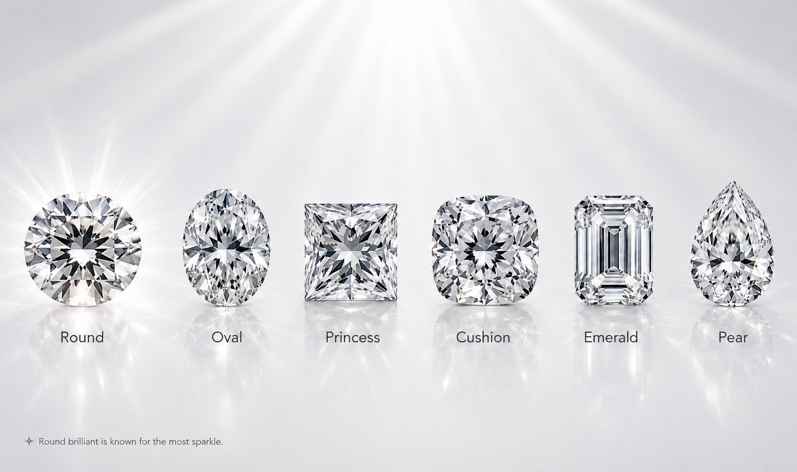 "Comparison of six diamond cuts—Round, Oval, Princess, Cushion, Emerald, Pear—on a glossy reflective surface with soft light, highlighting round brilliant for maximum sparkle
