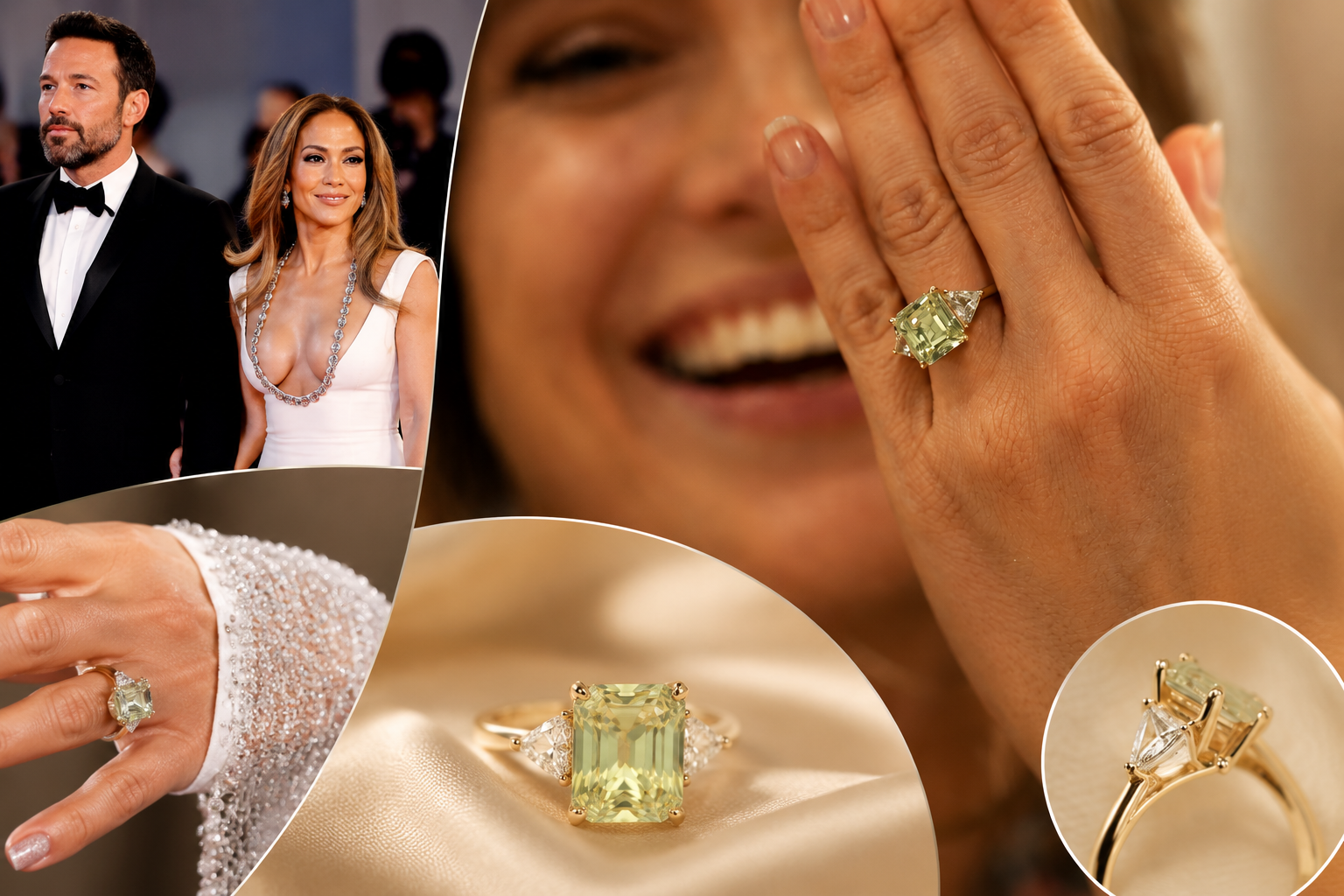 Luxury jewelry collage featuring a pale green-yellow emerald-cut diamond ring on a smiling hand
