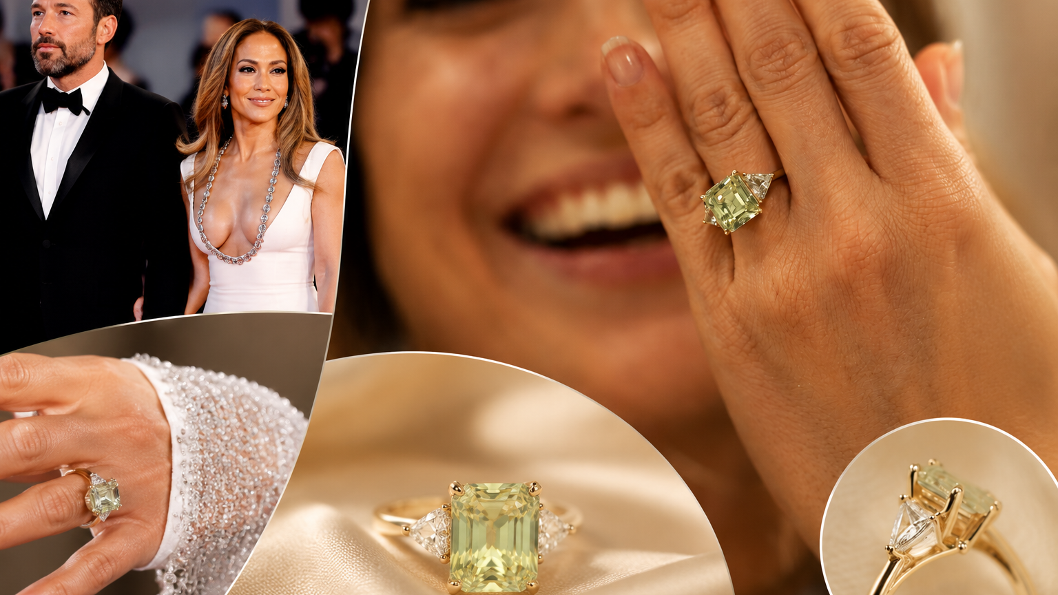Luxury jewelry collage featuring a pale green-yellow emerald-cut diamond ring on a smiling hand