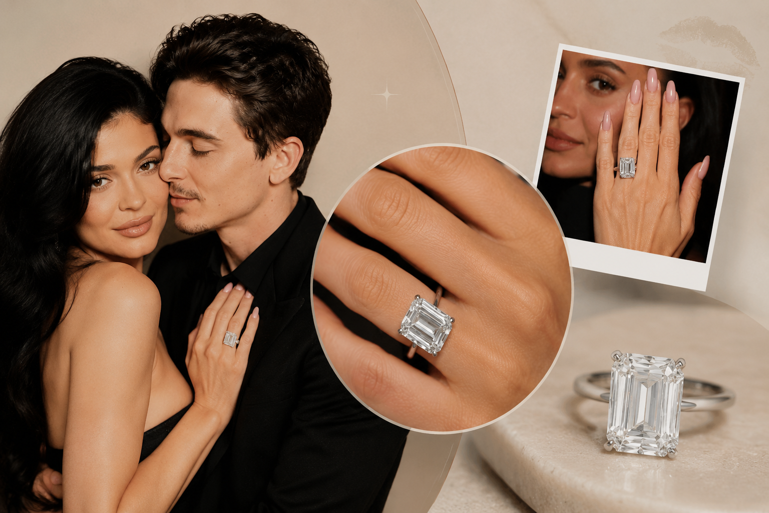 Celebrity couple engagement ring collage featuring emerald-cut diamond ring close-ups and hand detail shots in a minimalist editorial layout