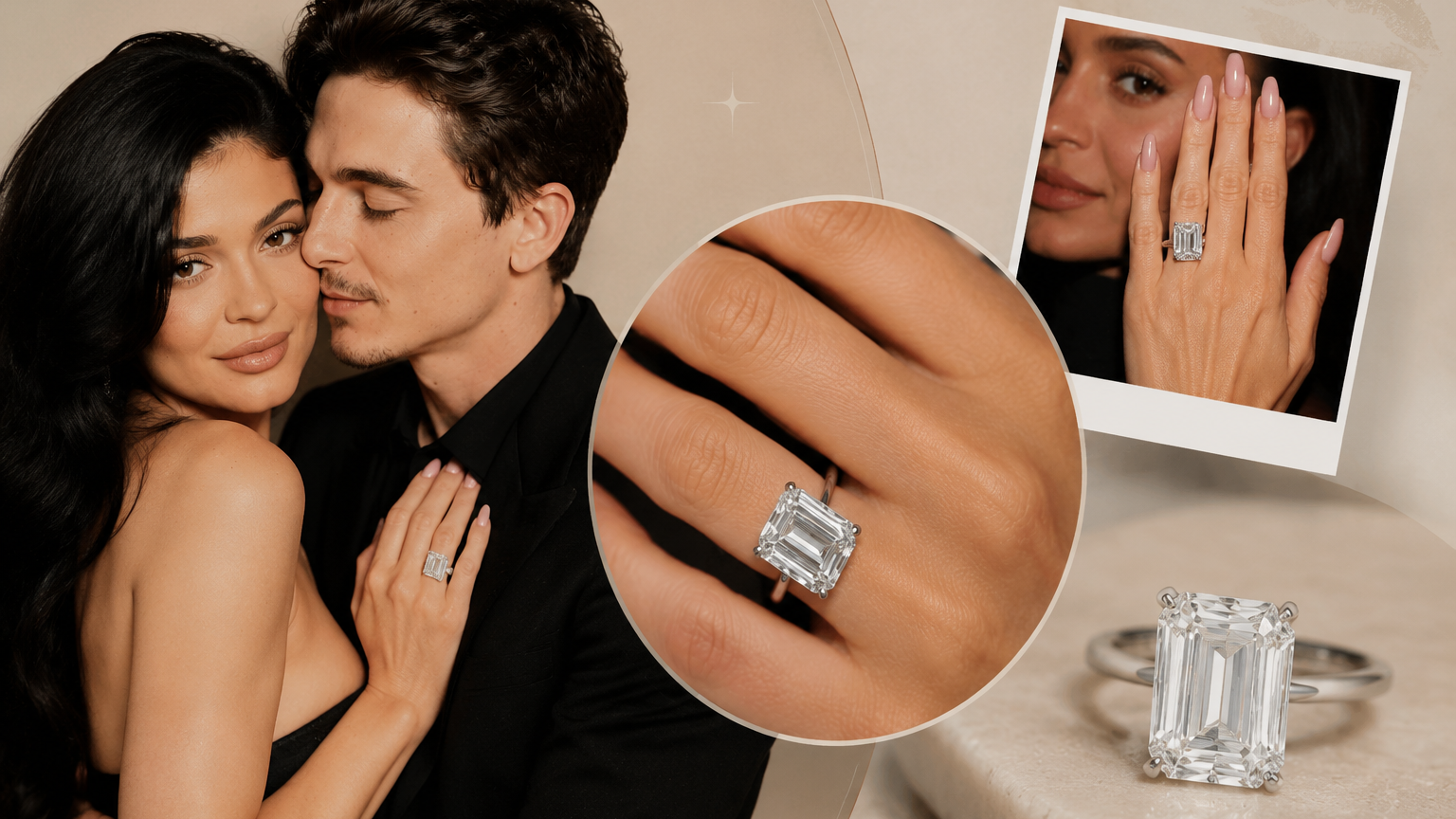Celebrity couple engagement ring collage featuring emerald-cut diamond ring close-ups and hand detail shots in a minimalist editorial layout