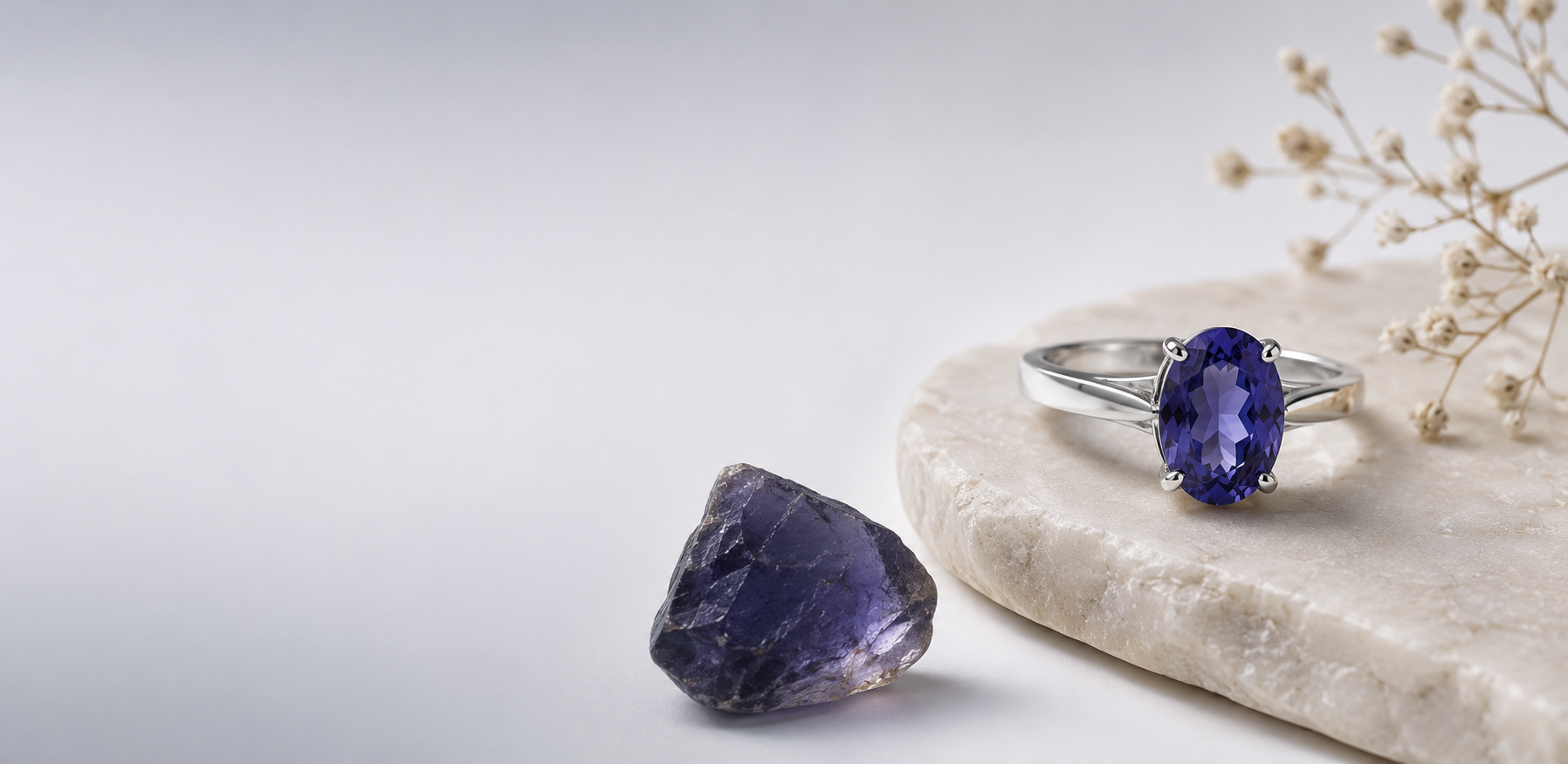 Minimalist iolite ring in silver on stone slab with dried flowers, soft natural lighting