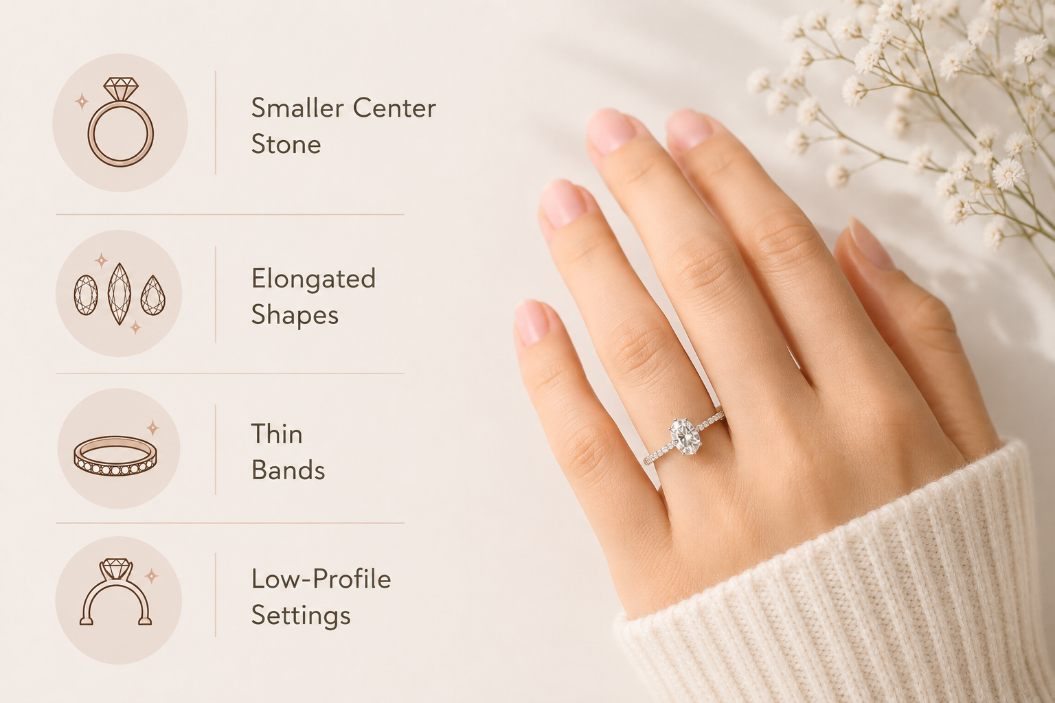Engagement ring guide for petite hands with minimal icons and hand close-up.