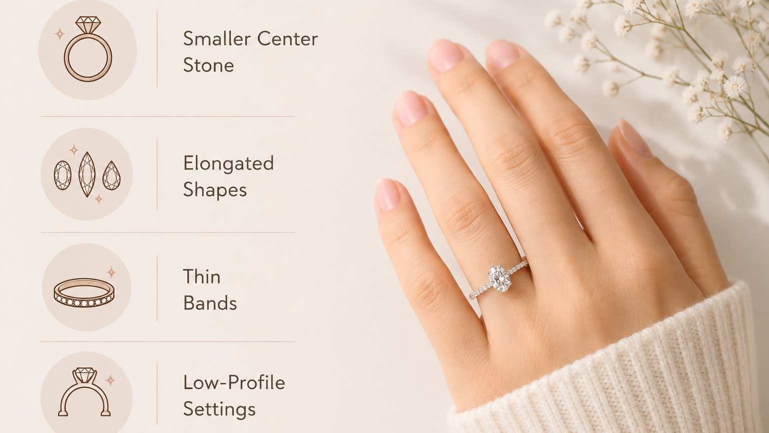 Engagement ring guide for petite hands with minimal icons and hand close-up.