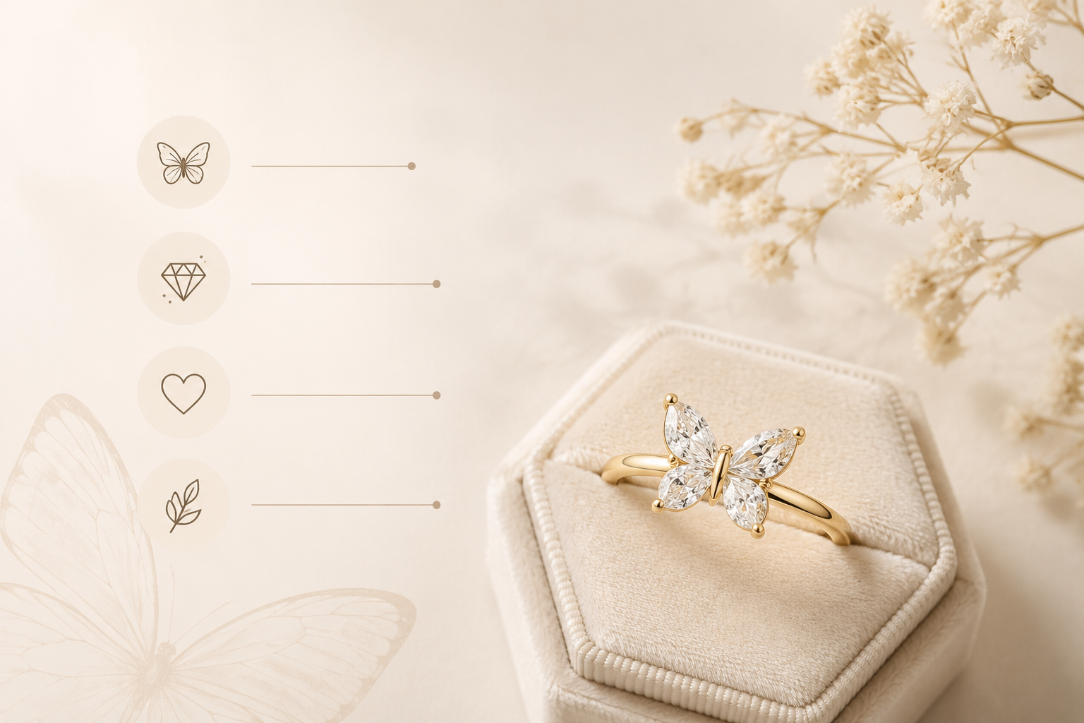 Minimal butterfly engagement ring displayed on a soft beige velvet box with delicate floral accents and warm lighting.