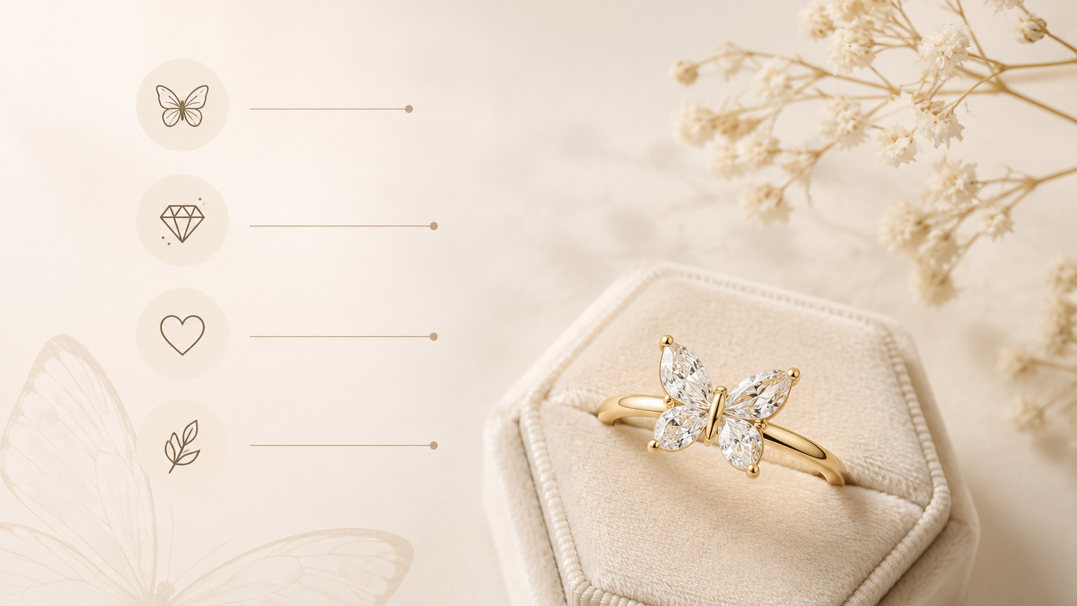 Minimal butterfly engagement ring displayed on a soft beige velvet box with delicate floral accents and warm lighting.