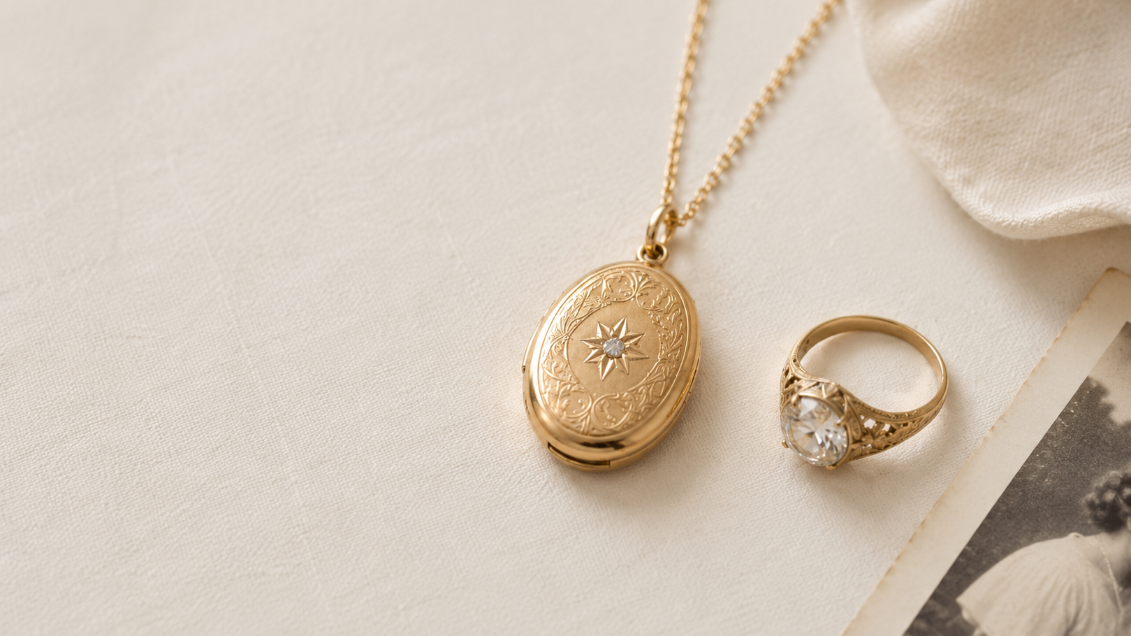 Minimal flat-lay of a gold locket pendant and vintage ring on soft beige linen