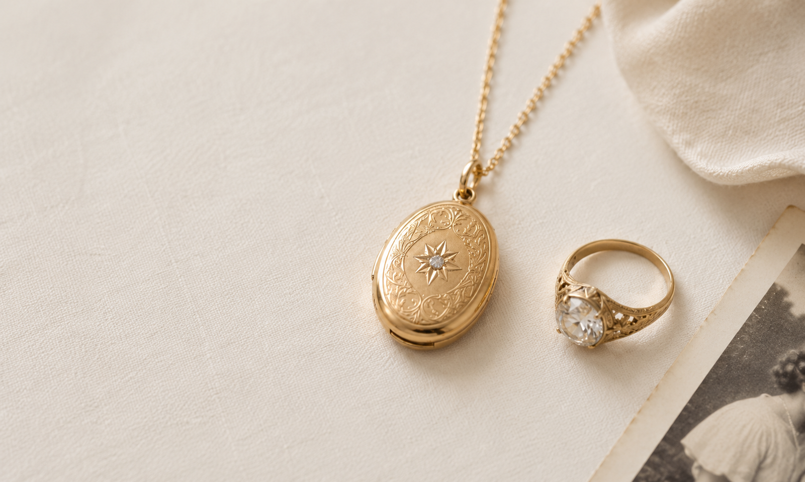 Minimal flat-lay of a gold locket pendant and vintage ring on soft beige linen