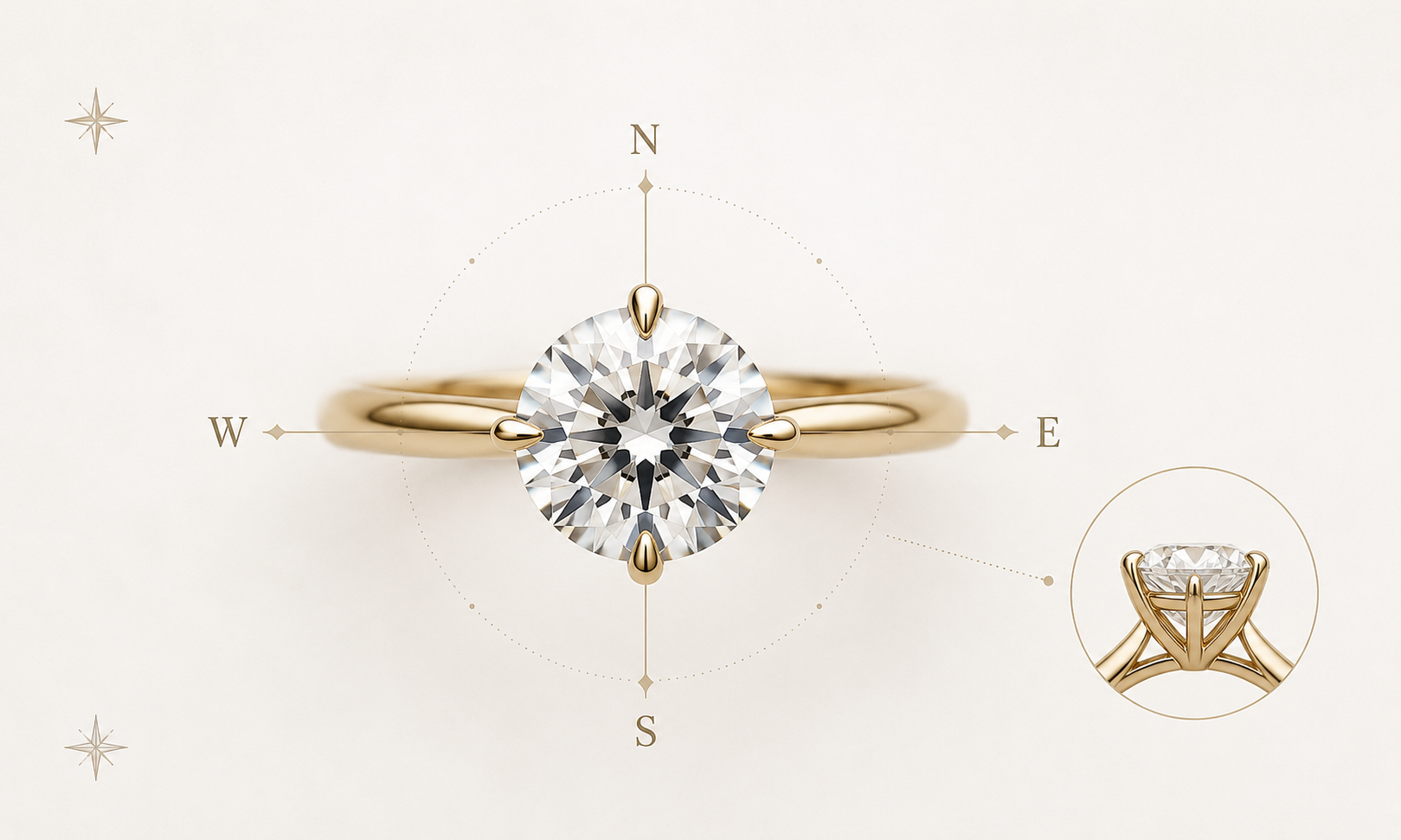 Compass prong diamond ring with four directional prongs on a minimal ivory background.