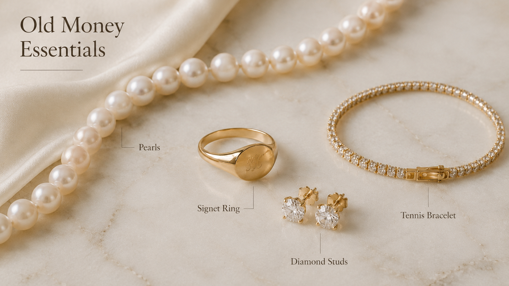 Old money jewelry essentials with pearls, signet ring, diamond studs, and tennis bracelet.