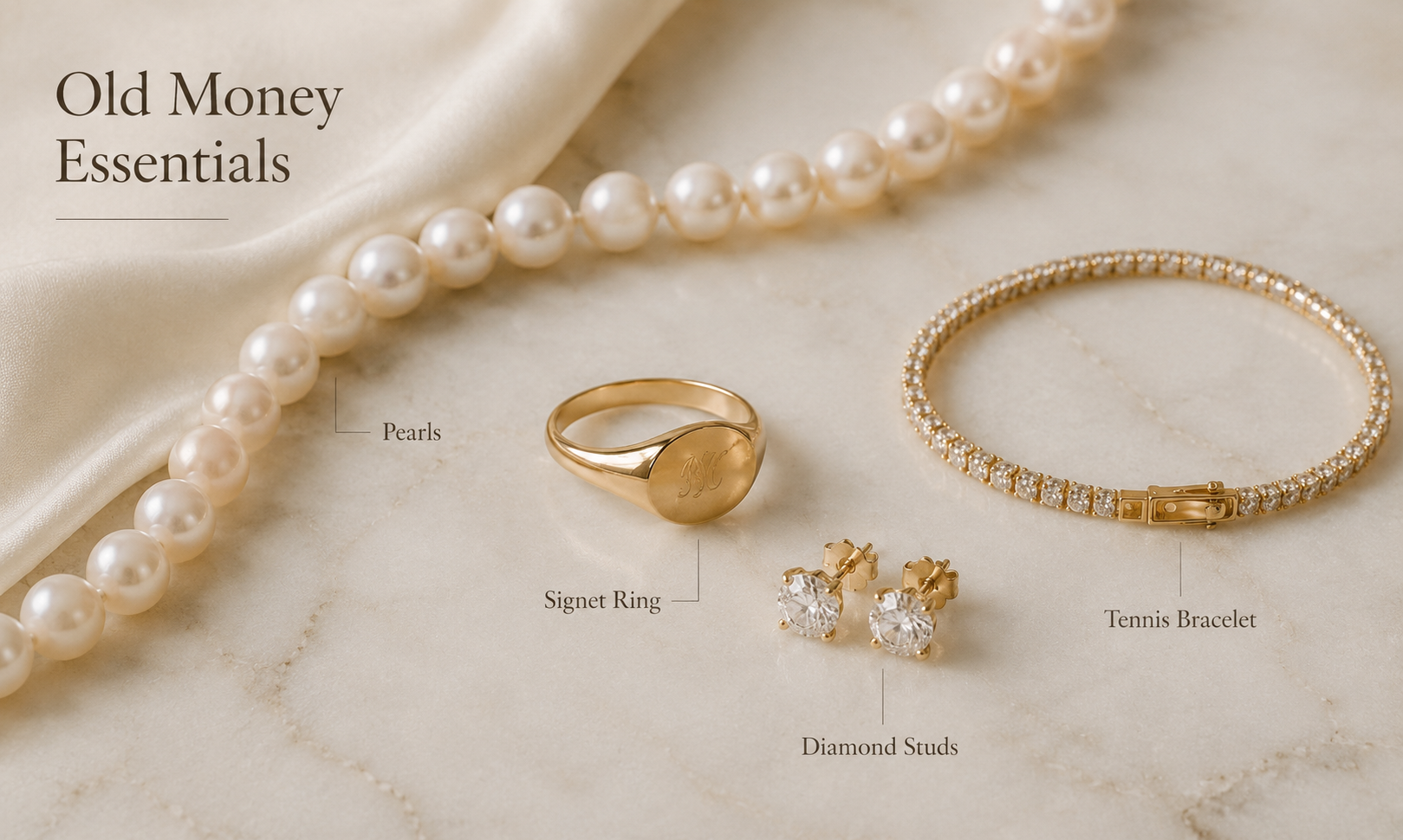 Old money jewelry essentials with pearls, signet ring, diamond studs, and tennis bracelet.