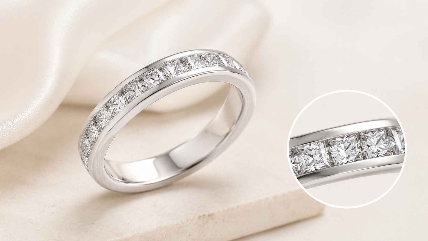 Close-up of a polished channel-set diamond ring on soft neutral background with inset detail view showing securely set square-cut diamonds.
