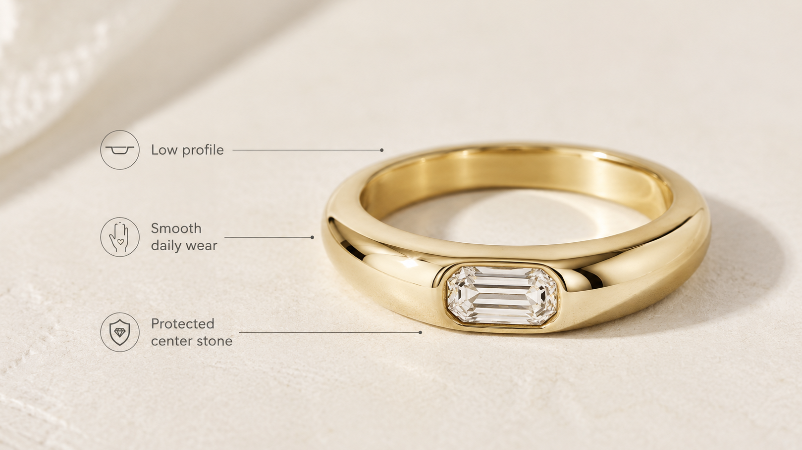 Modern flush set engagement ring with low-profile diamond design.