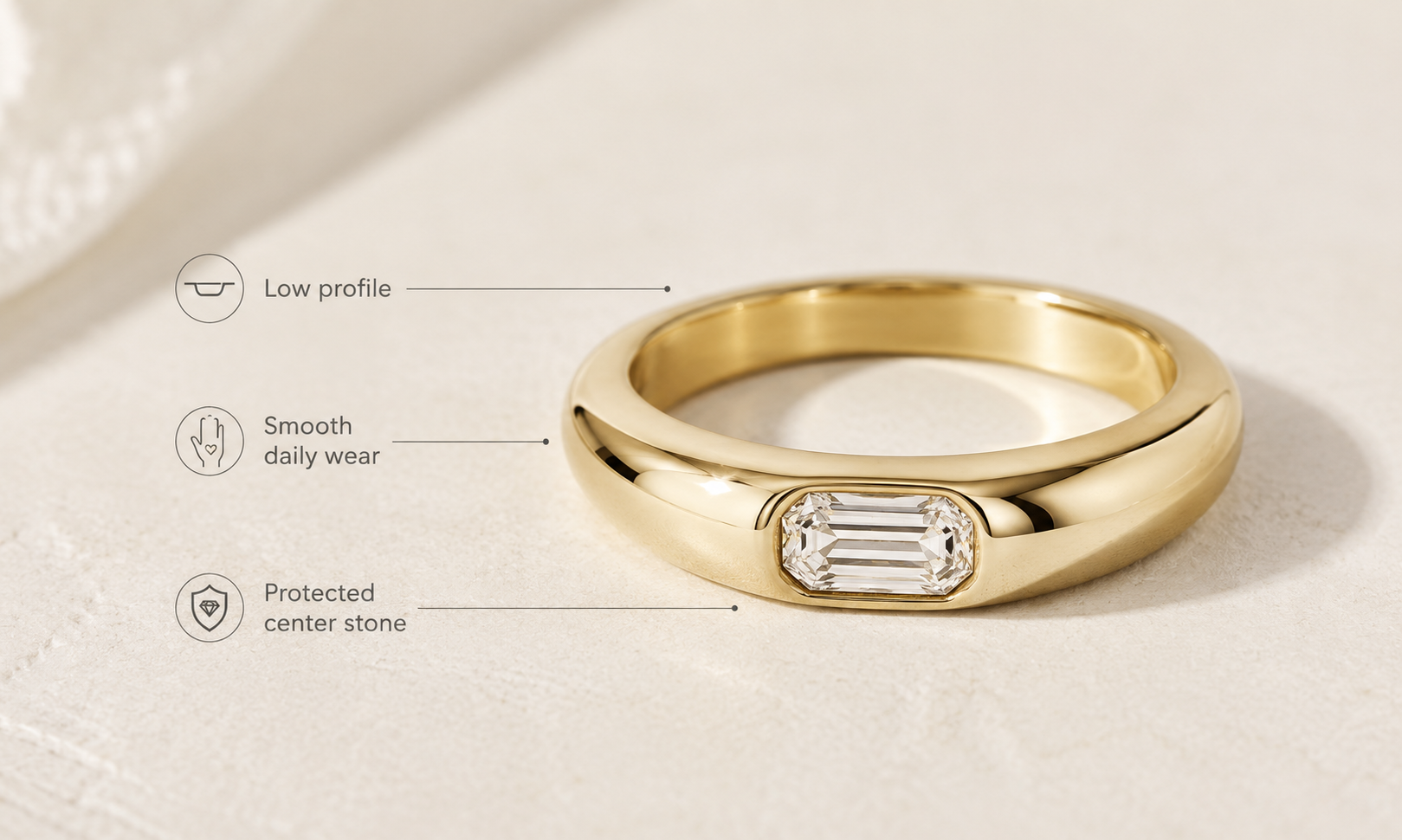 Modern flush set engagement ring with low-profile diamond design.