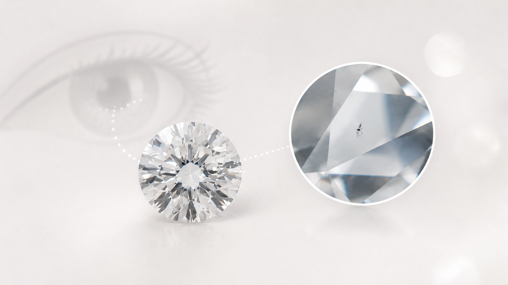 Minimal and informative blog banner showing an eye-clean diamond with a magnified inset highlighting a tiny inclusion.