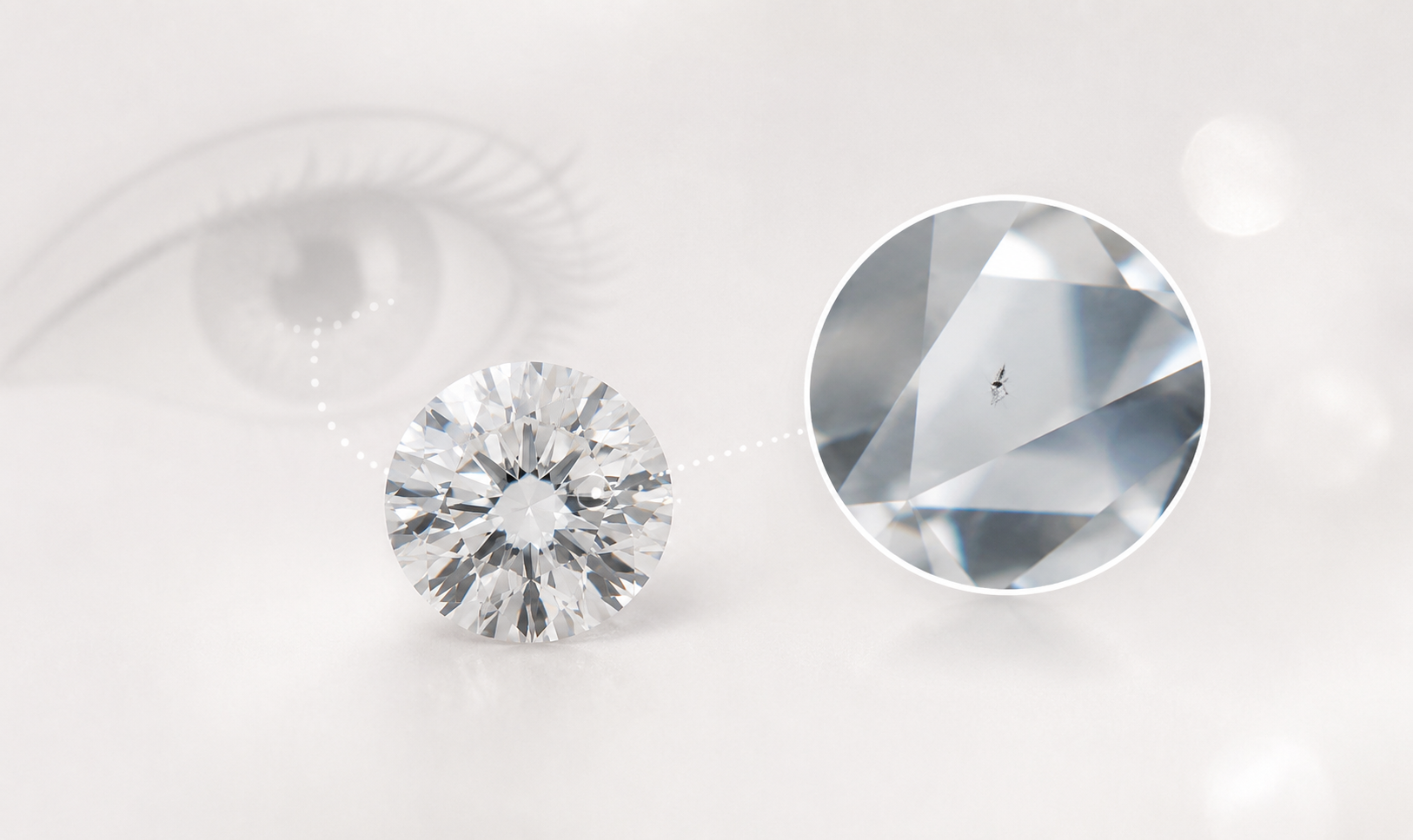 Minimal and informative blog banner showing an eye-clean diamond with a magnified inset highlighting a tiny inclusion.