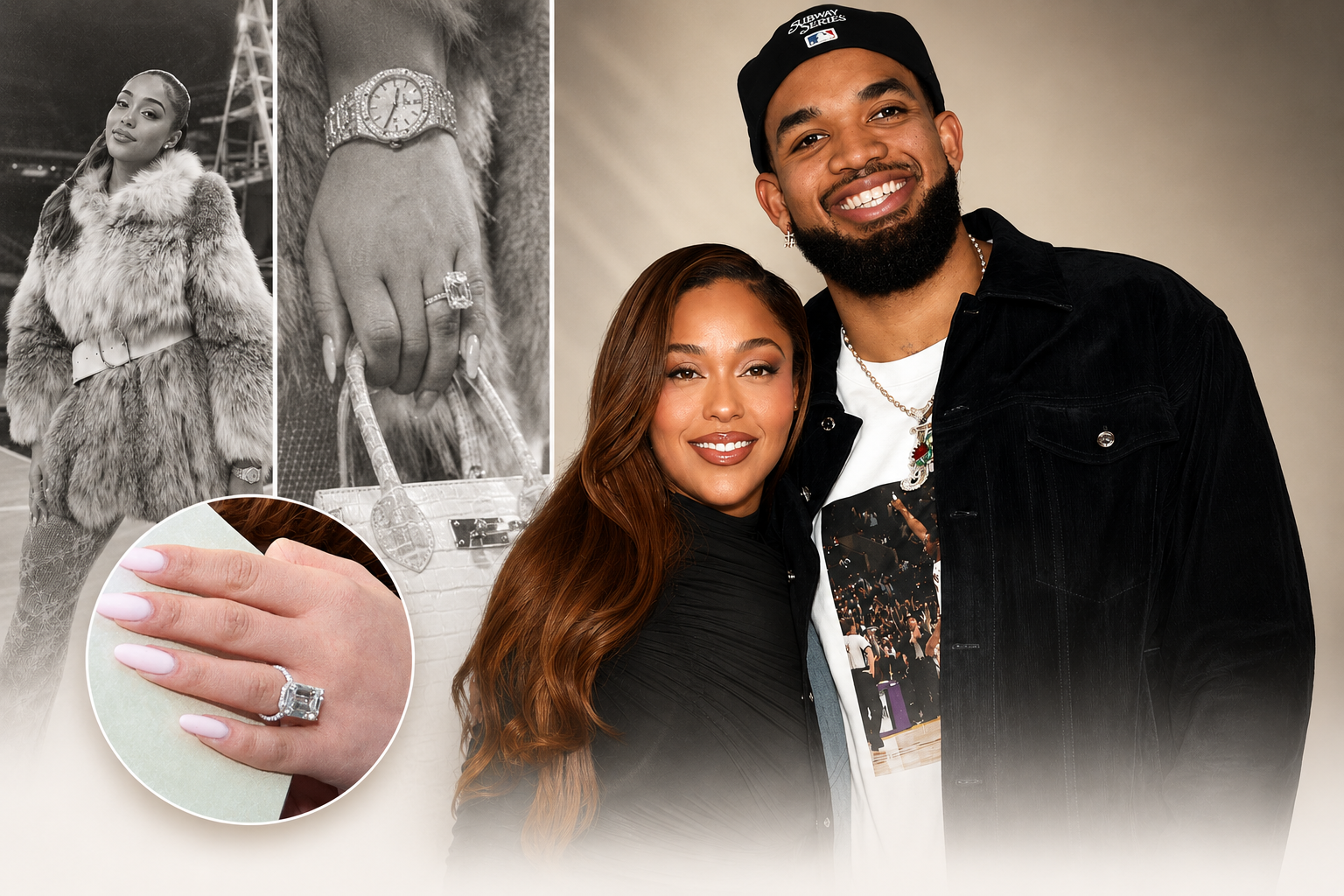 Luxury editorial collage featuring a celebrity couple with emerald-cut engagement ring close-up and black-and-white fashion panels on a soft beige background.