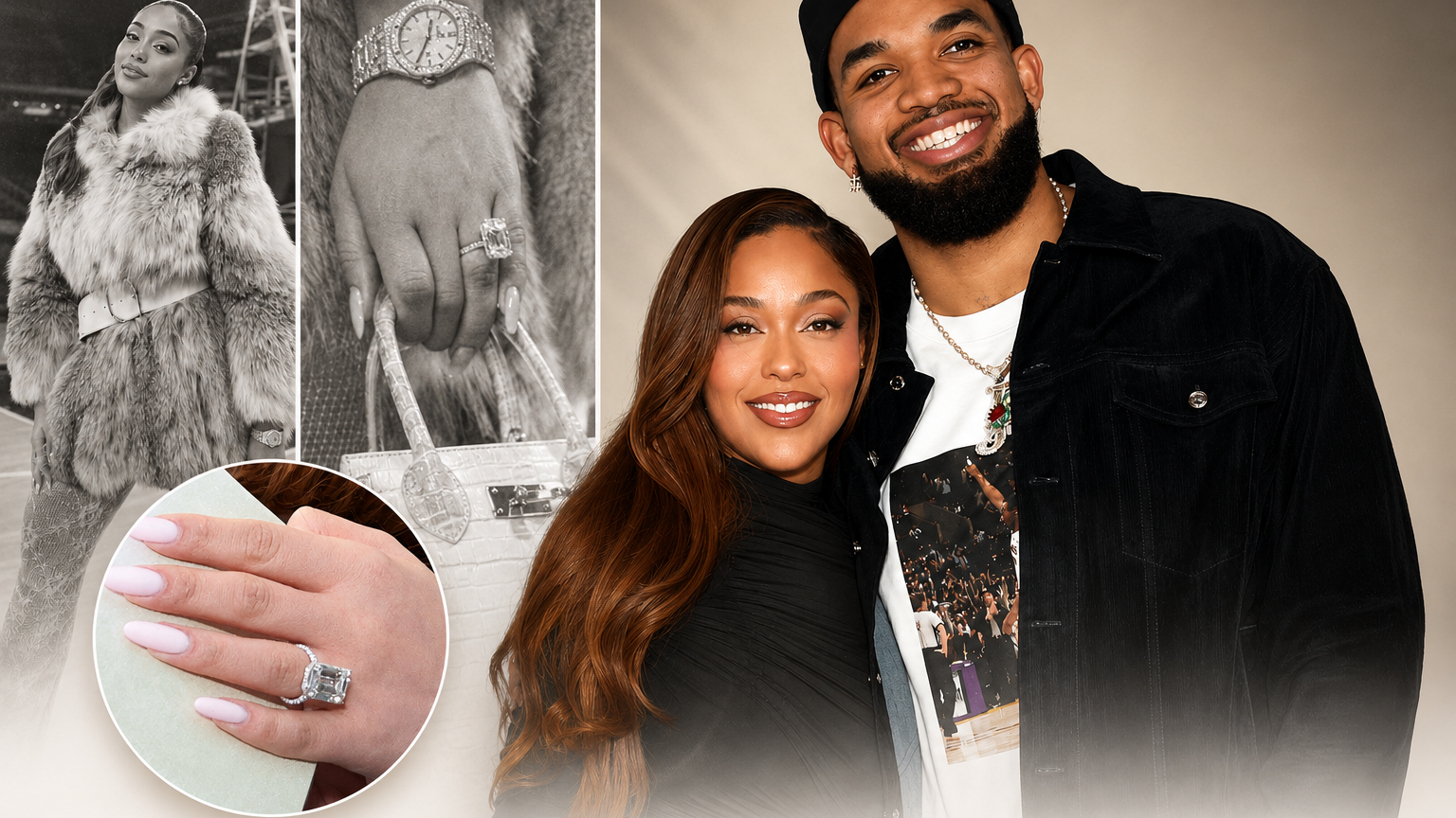 Luxury editorial collage featuring a celebrity couple with emerald-cut engagement ring close-up and black-and-white fashion panels on a soft beige background.