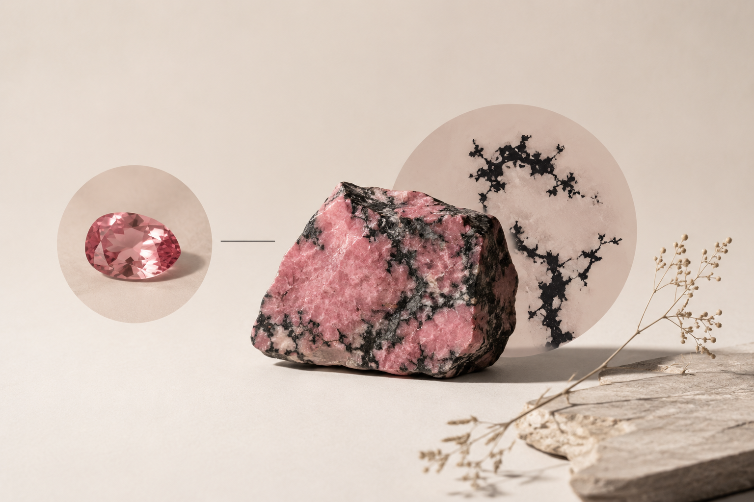 Minimal rhodonite gemstone banner with natural pink and black patterns on a soft beige background in an editorial style