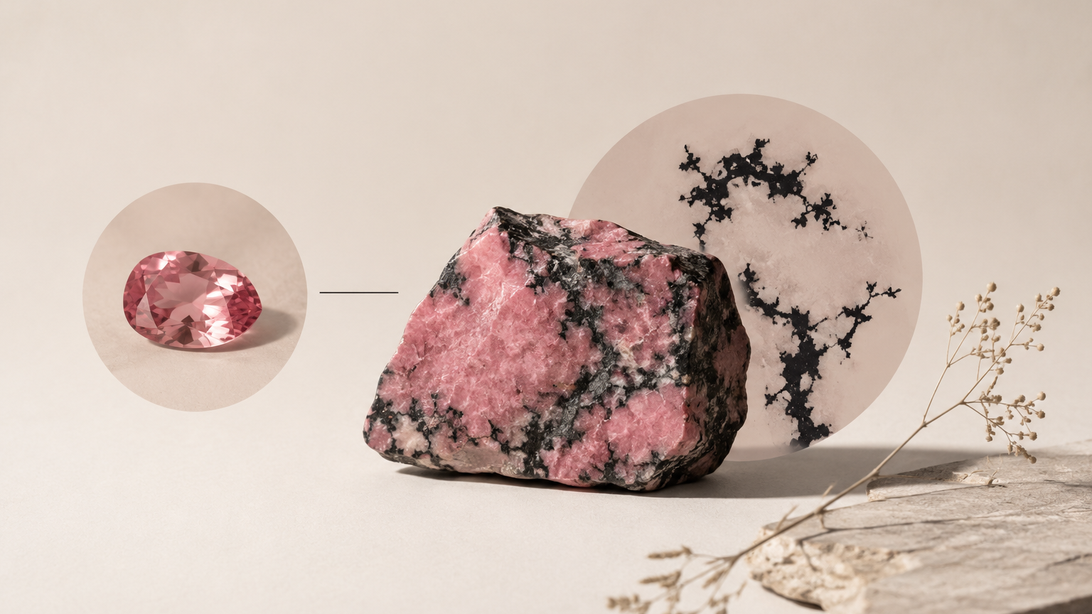 Minimal rhodonite gemstone banner with natural pink and black patterns on a soft beige background in an editorial style