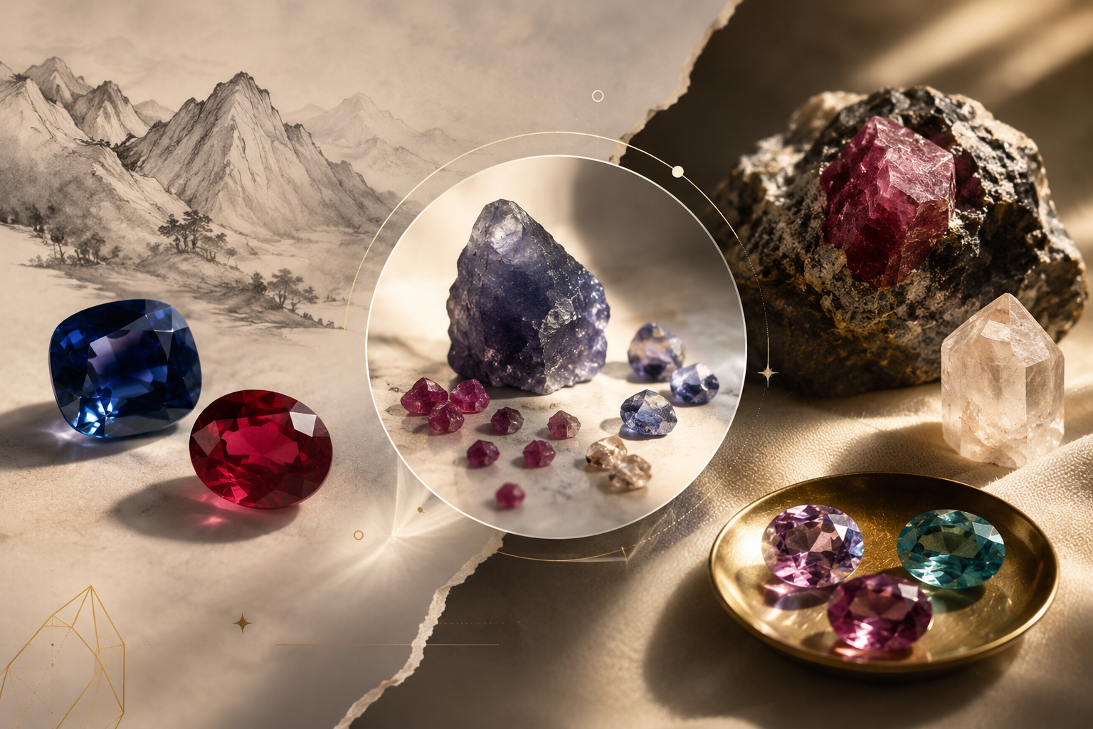 Luxury corundum gemstone collage featuring ruby, sapphire, and raw mineral crystals in warm editorial lighting.