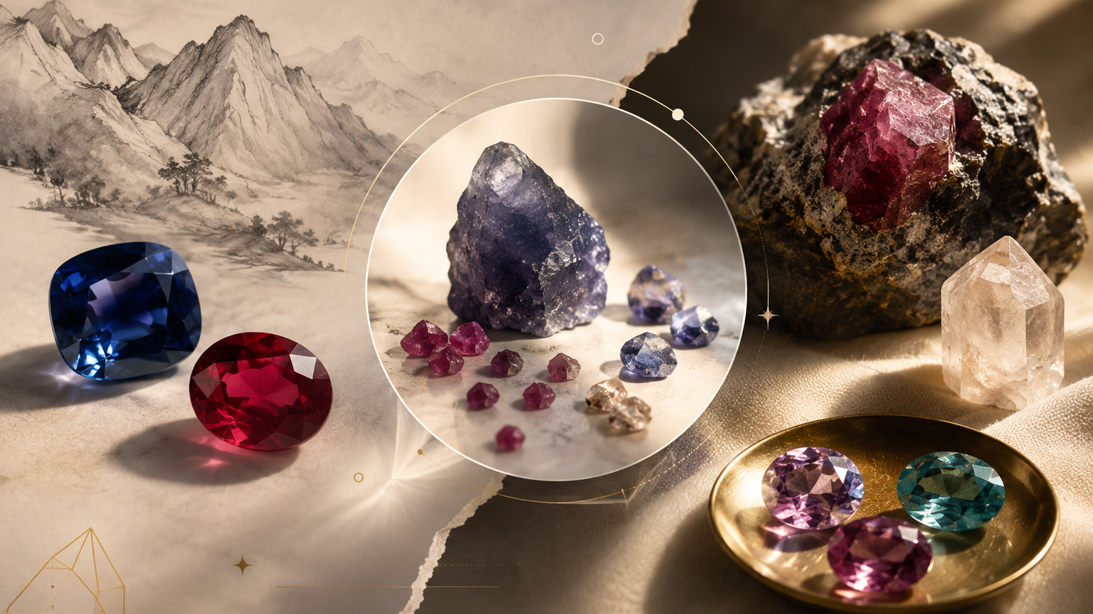 Luxury corundum gemstone collage featuring ruby, sapphire, and raw mineral crystals in warm editorial lighting.