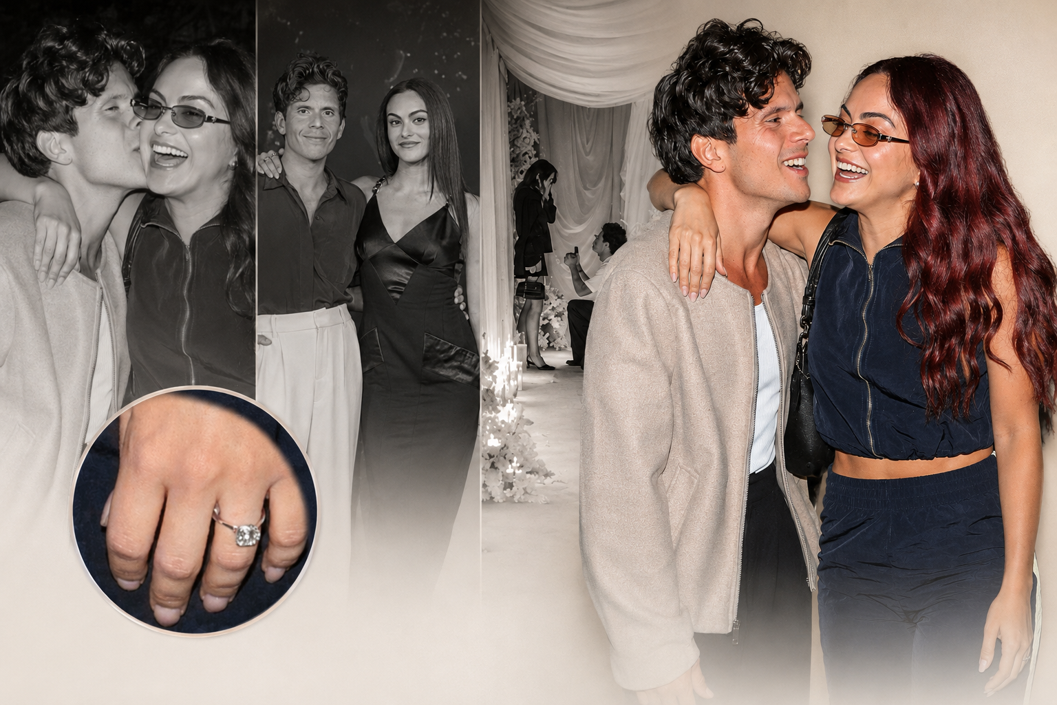 Luxury editorial collage of Camila Mendes with engagement ring close-up and romantic candid moments.