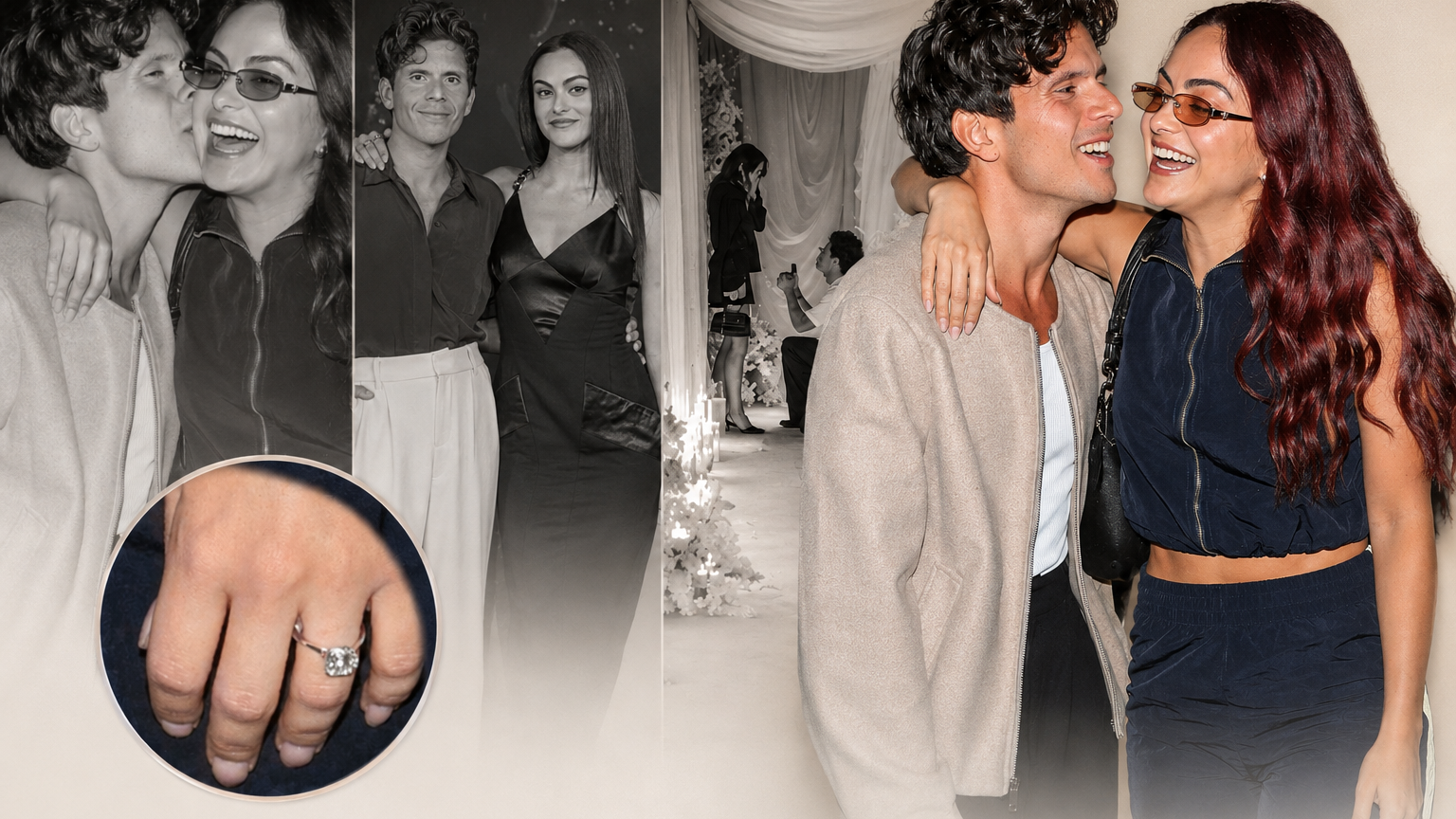 Luxury editorial collage of Camila Mendes with engagement ring close-up and romantic candid moments.