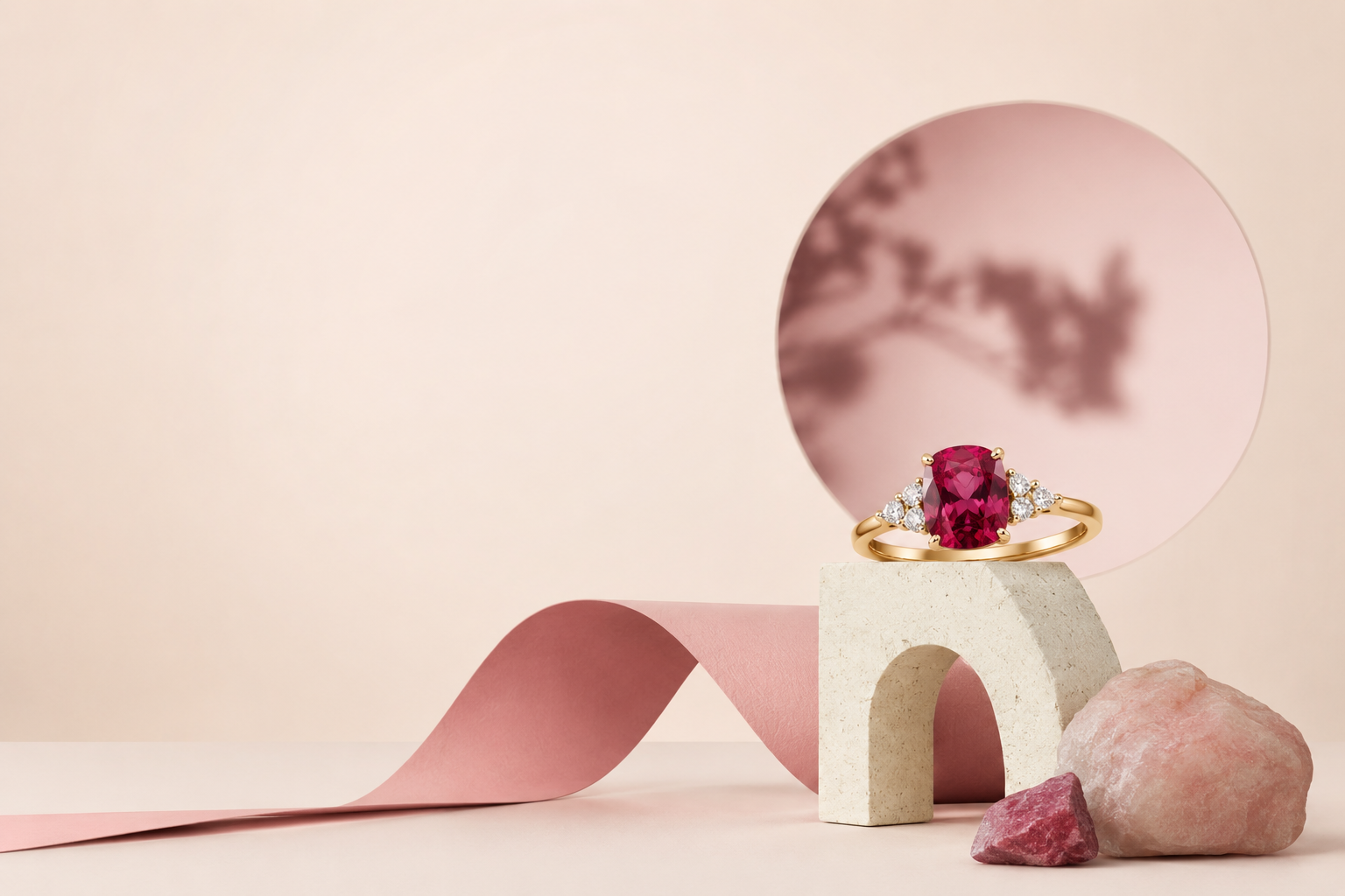 Minimal luxury banner featuring a pink spinel engagement ring in rose gold with soft blush tones, abstract arch backdrop, and elegant editorial styling.