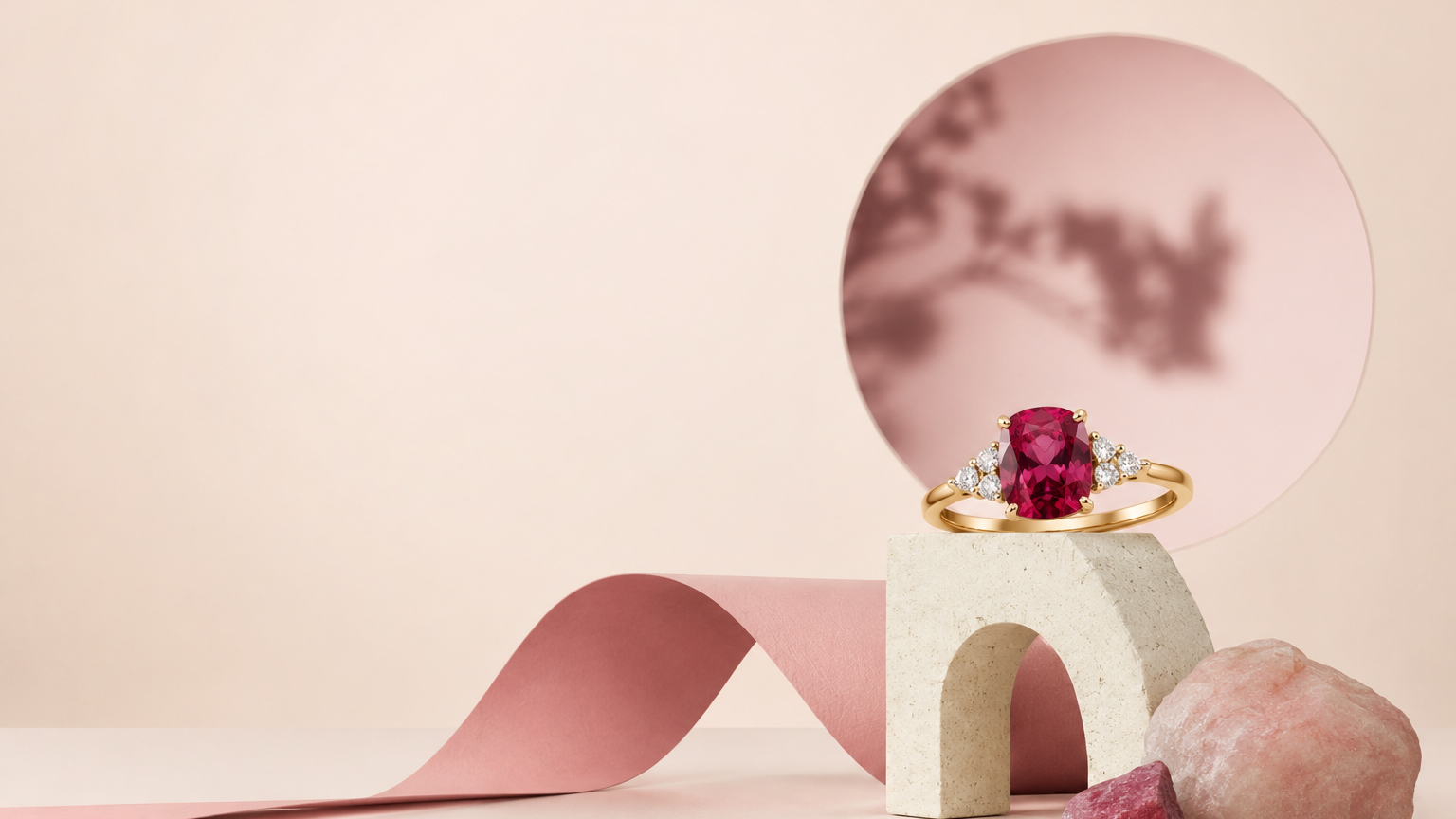 Minimal luxury banner featuring a pink spinel engagement ring in rose gold with soft blush tones, abstract arch backdrop, and elegant editorial styling.