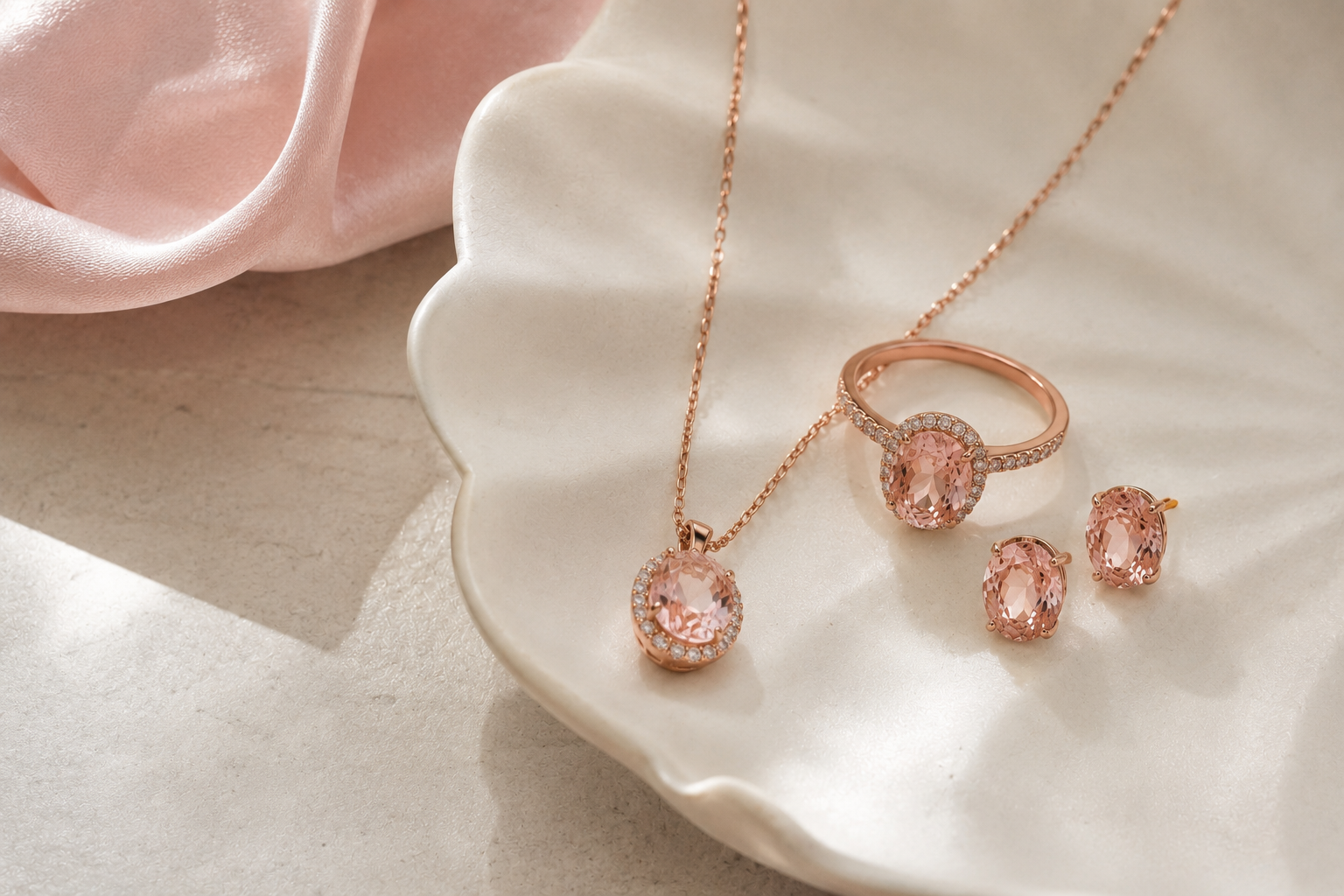 Morganite jewelry flat lay with rose gold pieces on a ceramic tray and soft blush satin background