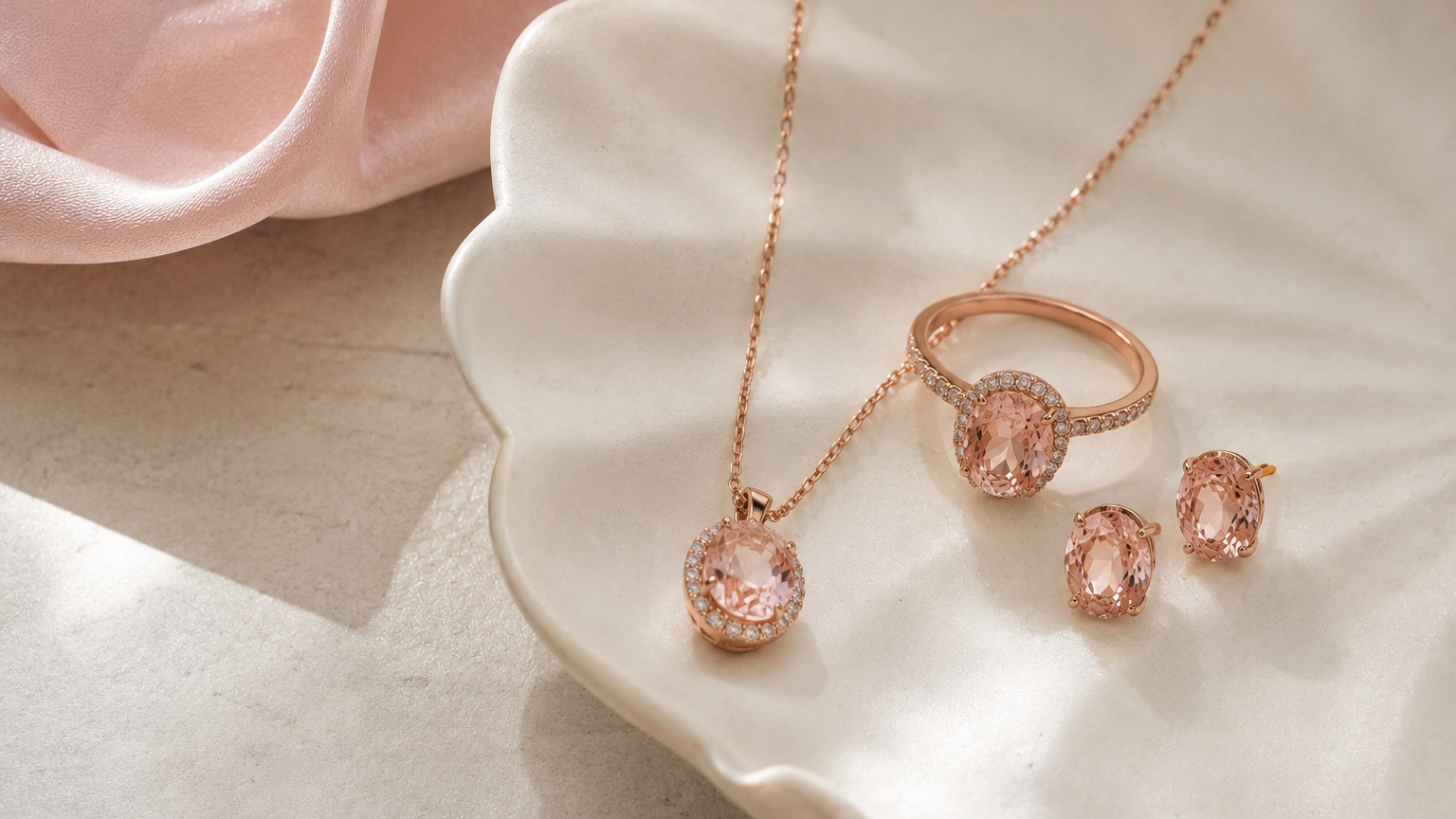 Morganite jewelry flat lay with rose gold pieces on a ceramic tray and soft blush satin background