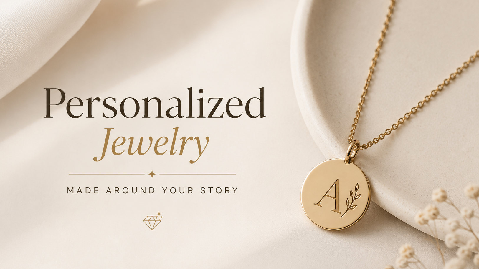 Minimal luxury banner featuring a personalized gold pendant necklace on a soft beige background.