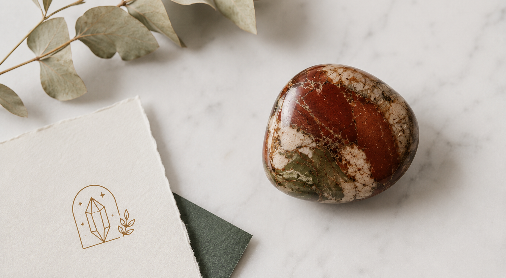 Polished jasper stone flat lay on marble surface with neutral earthy styling and minimalist natural decor