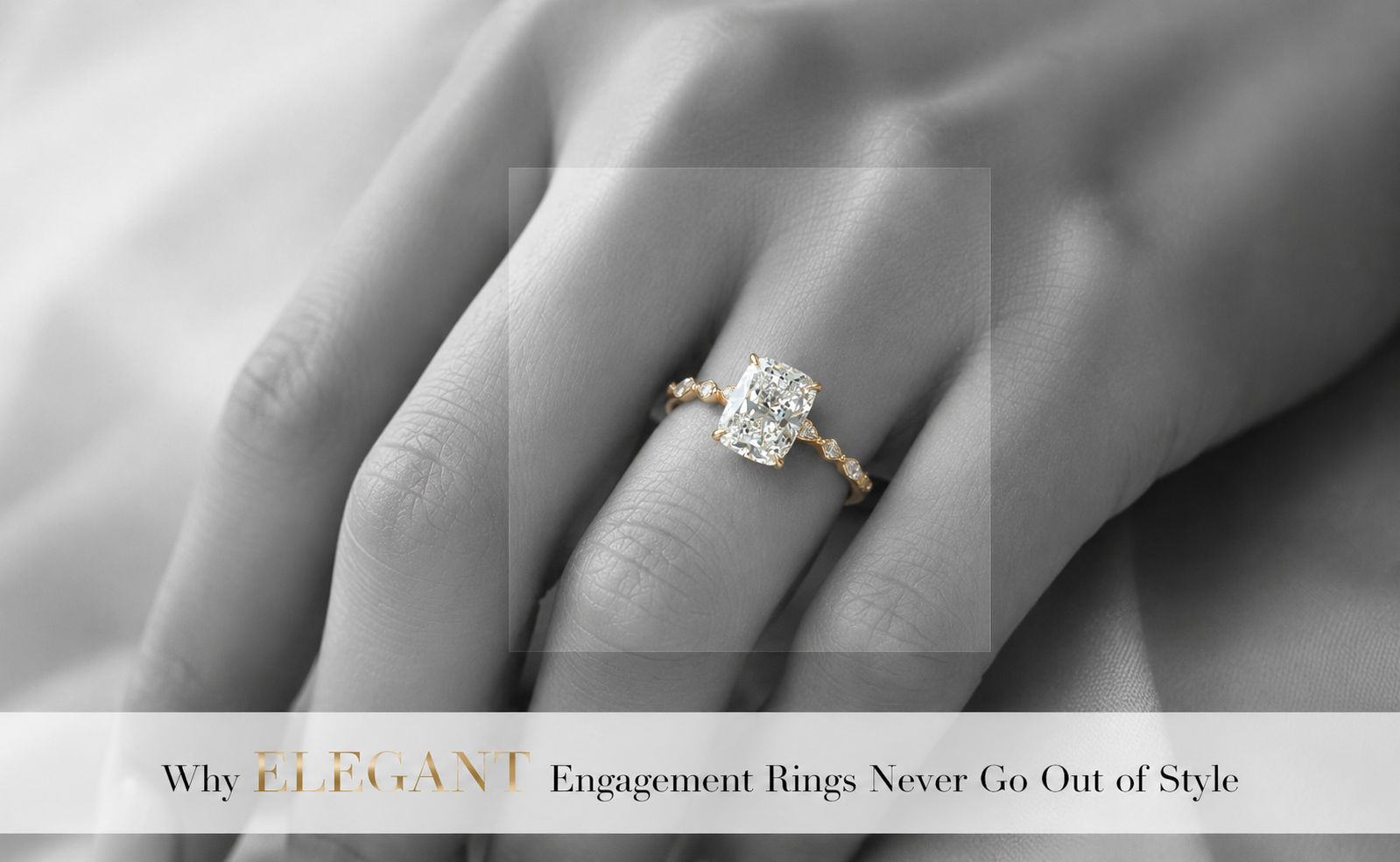 Minimal jewelry banner with a black-and-white hand and a highlighted diamond engagement ring