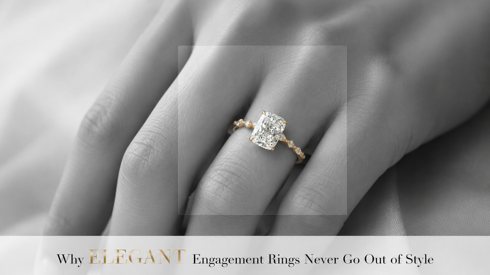Minimal jewelry banner with a black-and-white hand and a highlighted diamond engagement ring