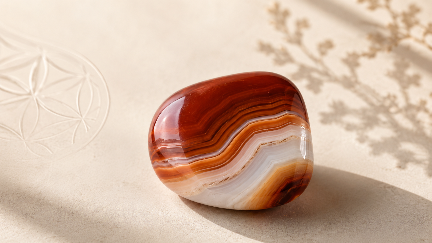 Sardonyx stone on beige surface.