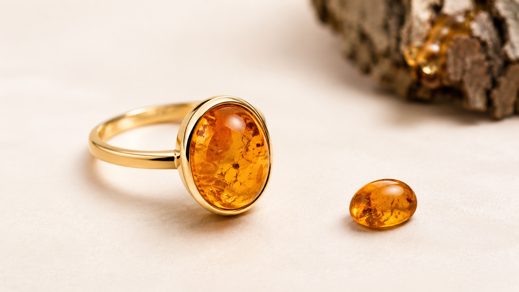 Gold ring with amber stone and loose amber on ivory background.