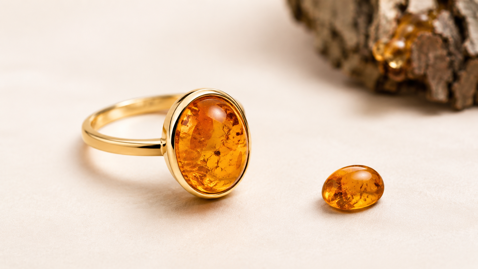 Gold ring with amber stone and loose amber on ivory background.