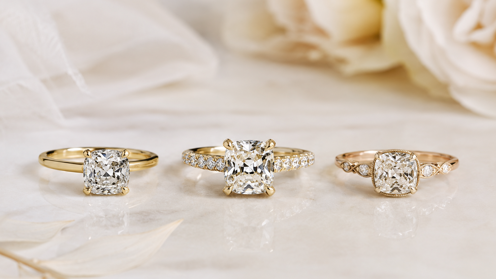 Old mine cushion cut diamond rings in a soft luxury bridal banner.