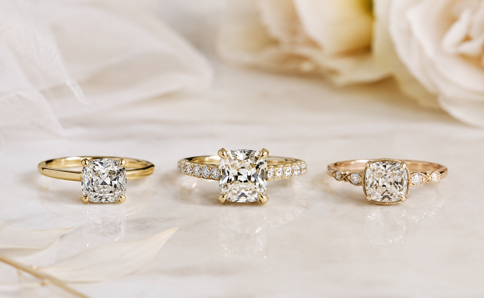 Old mine cushion cut diamond rings in a soft luxury bridal banner.