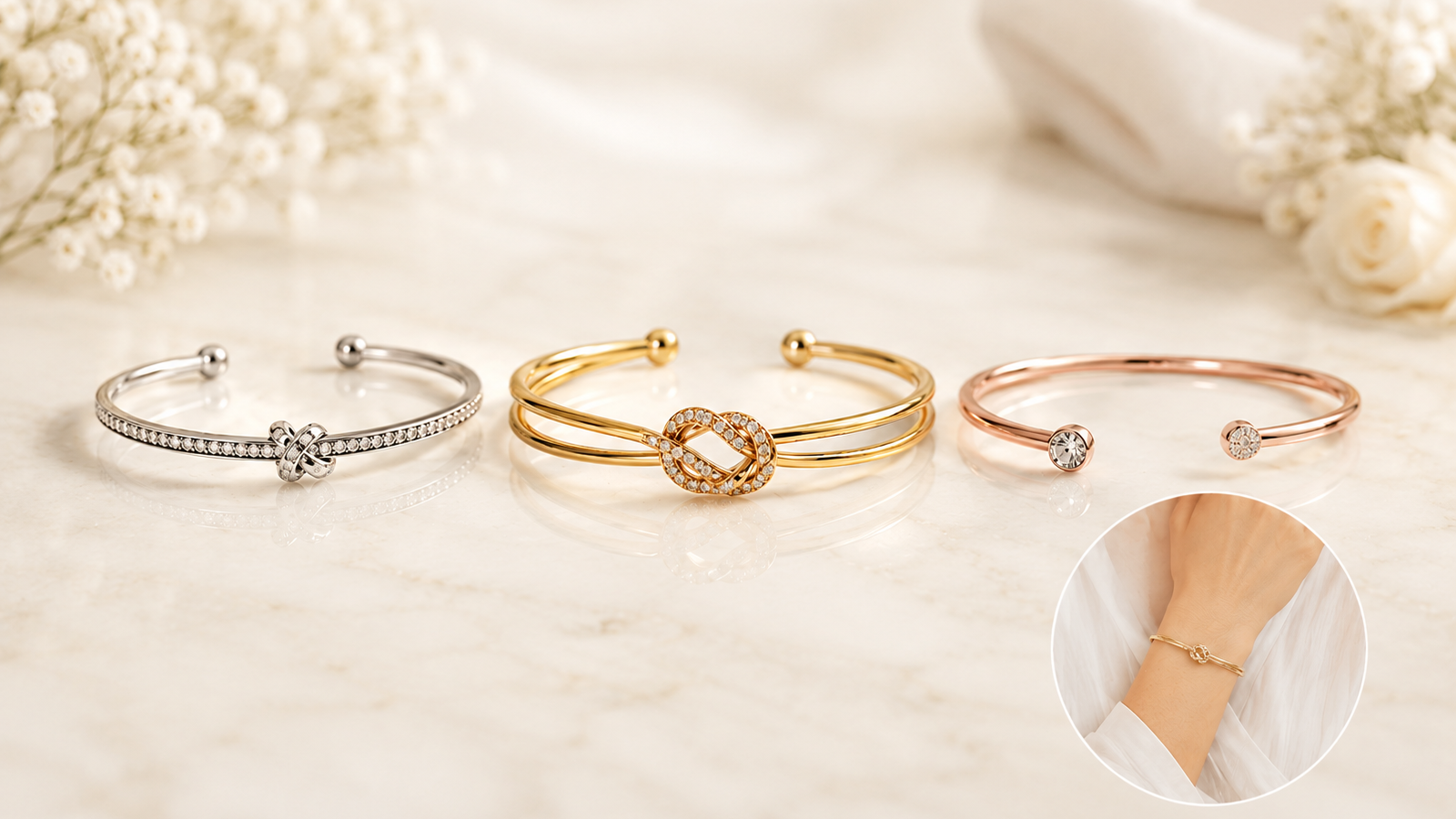 Minimal luxury cuff bracelet editorial banner with woman wearing gold bracelet on soft ivory marble background