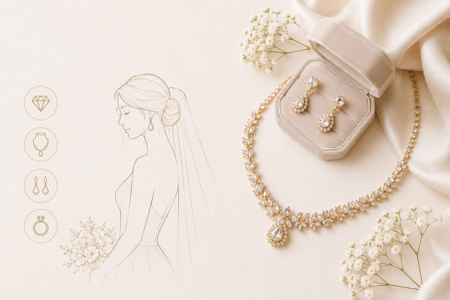 Minimal bridal jewelry set with necklace, earrings, and wedding ring on soft beige background.