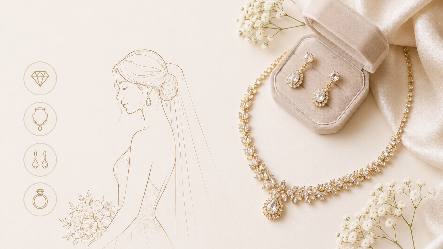 Minimal bridal jewelry set with necklace, earrings, and wedding ring on soft beige background.