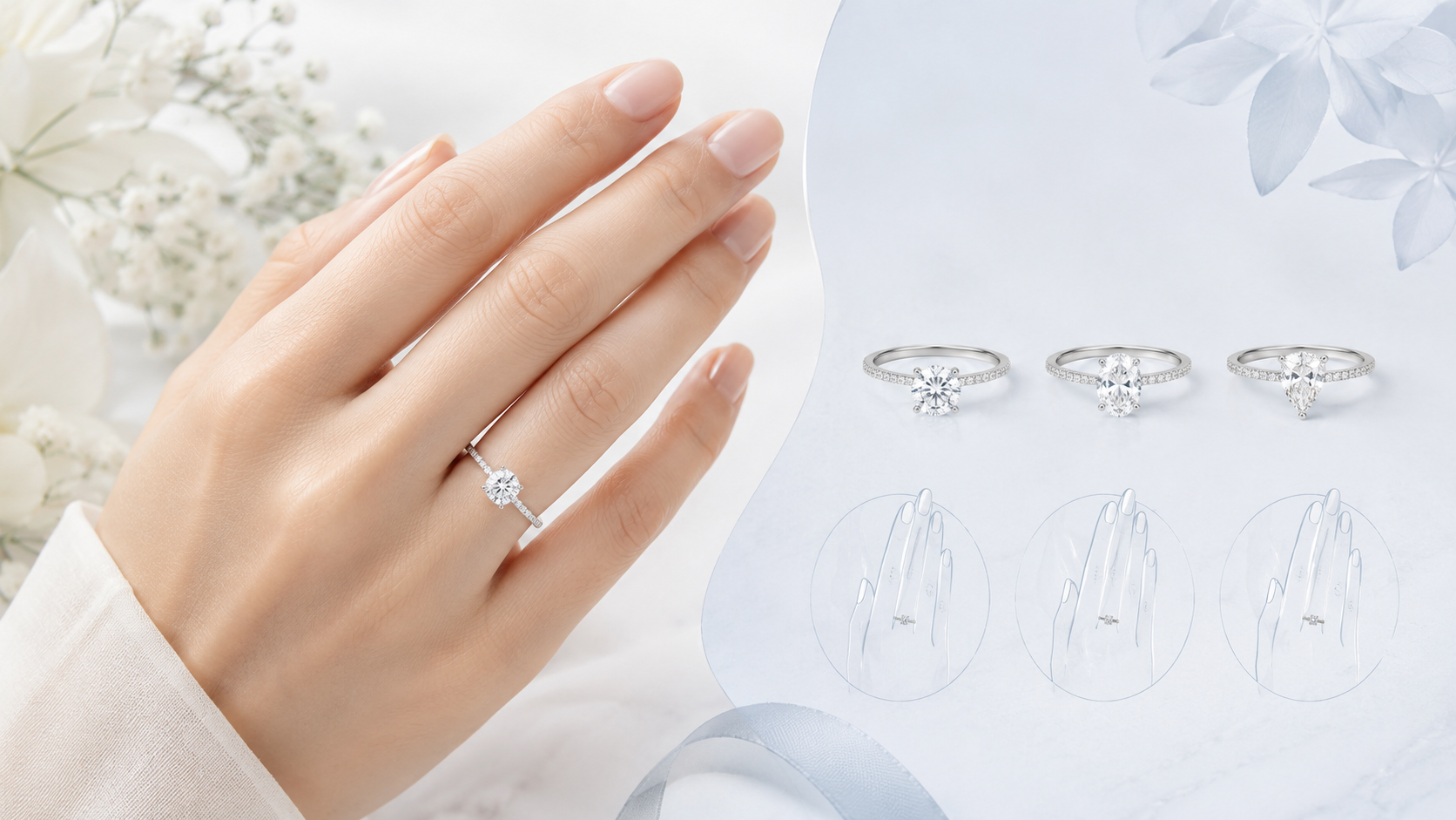 Petite hand with delicate engagement ring options.