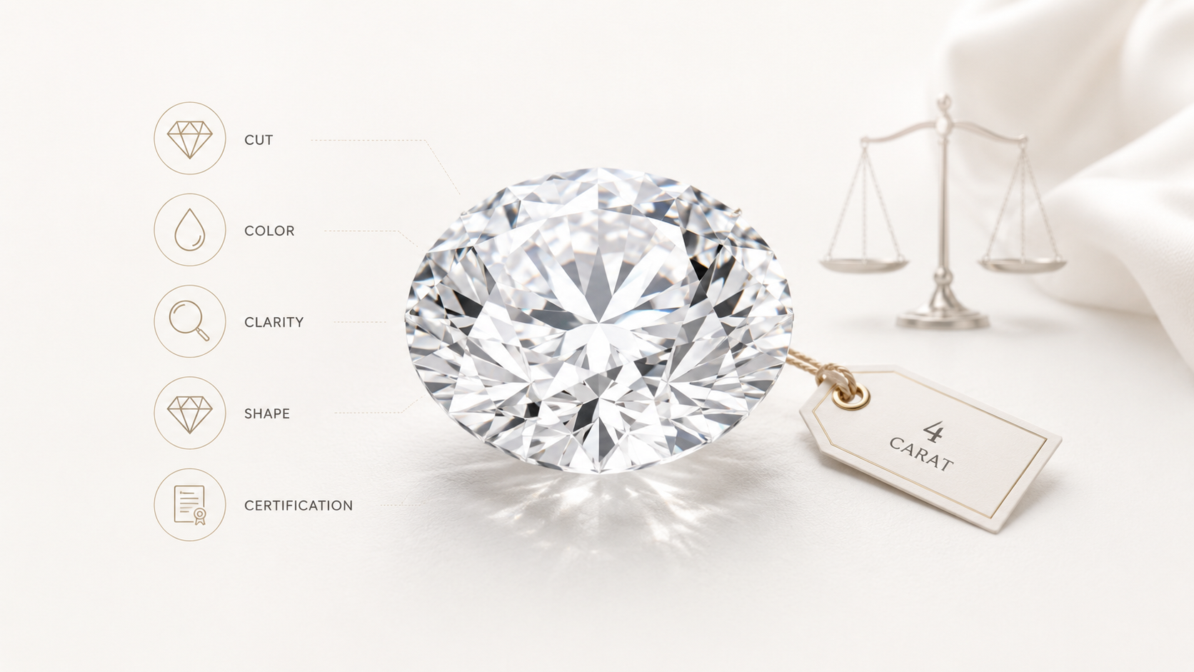 Minimal luxury 4 carat diamond with cut, color, clarity, shape, and certification icons on light background