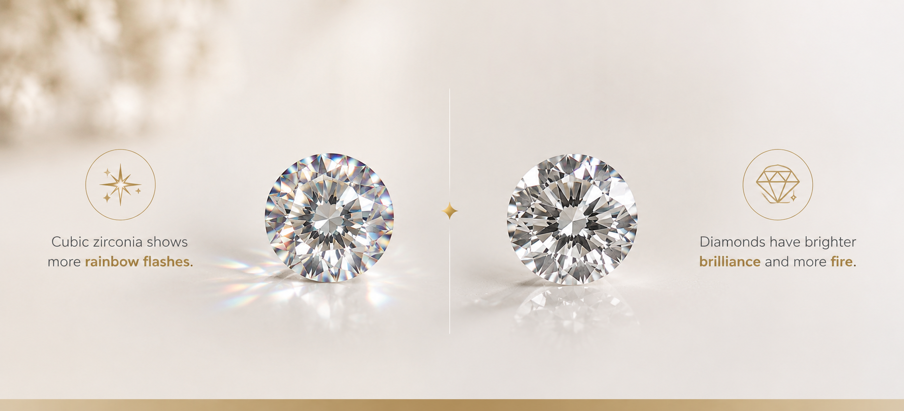 Cubic zirconia and diamond comparison showing rainbow flashes versus white brilliance on a soft neutral background.